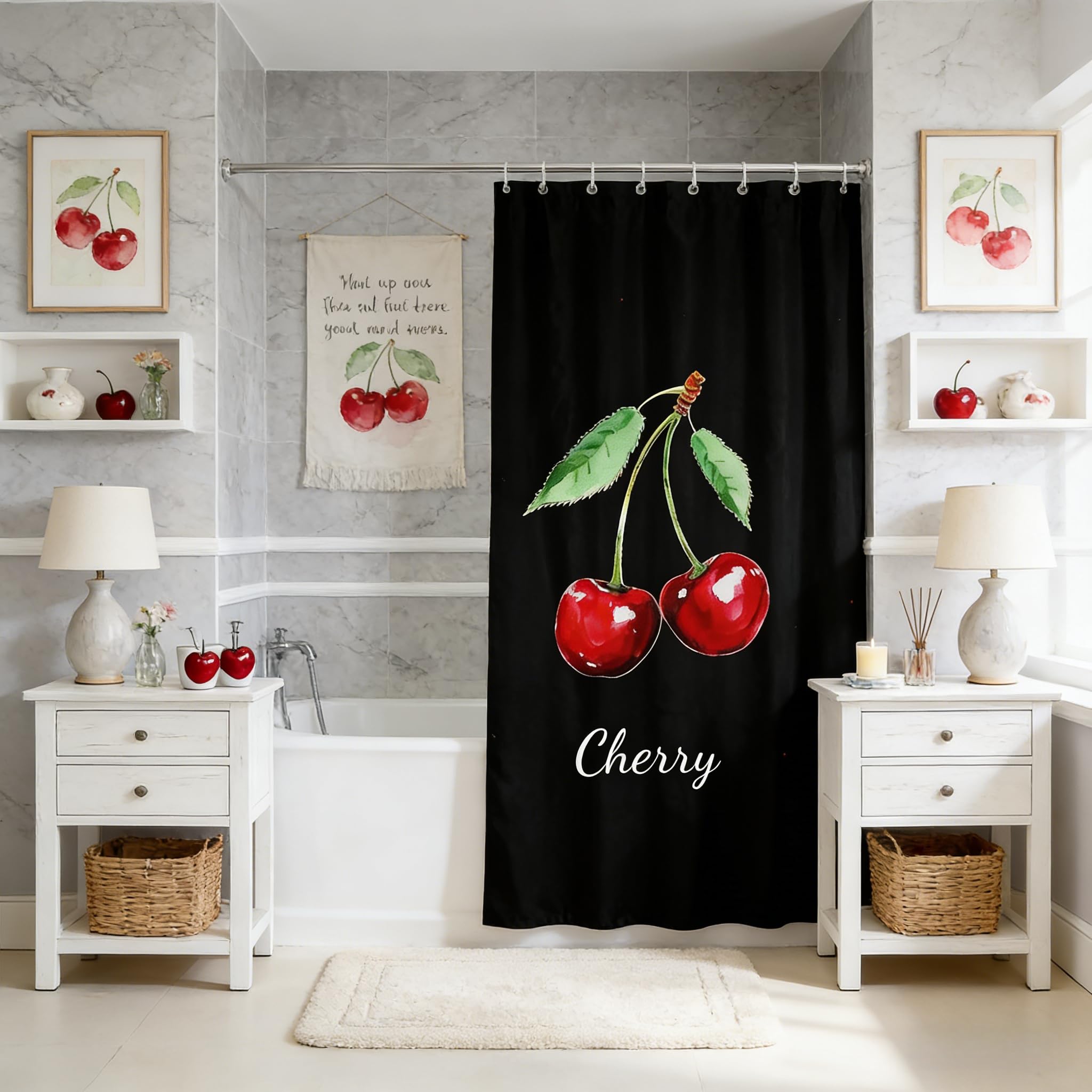 Cherry Shower Curtains,Tropical Fruit Bathroom Curtains for Kids Teens Adult,Solid Black Background Waterproof Bath Curtains,with 12 Hooks Suits for