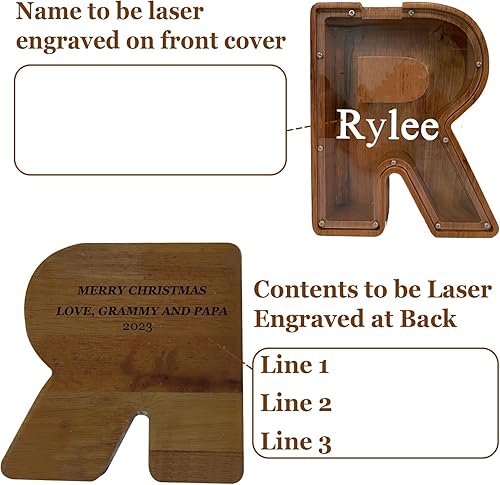 Miniatura 2 de Alcancía de madera extragrande de 12 pulgadas para niños y niñas (nombre grabado láser) con forma de letra inicial personalizada, alcancía,