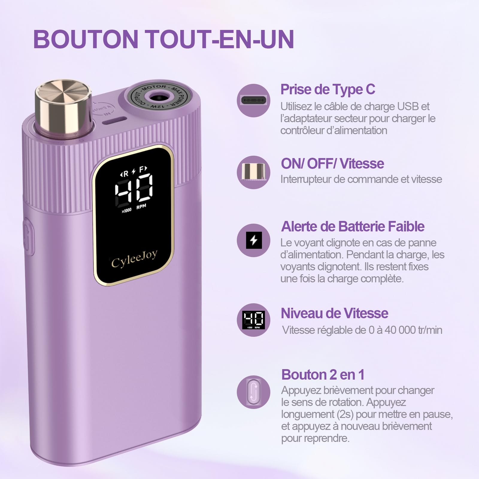 Ponceuse pour Ongles Professionnel 40000 tr/min, 12 en 1 Ponceuse Ongles pour Acrylique/Gel, Lime a Ongle Electrique Portable Rechargeable, Set Manucure Pédicure pour Salon/Maison (Violet)