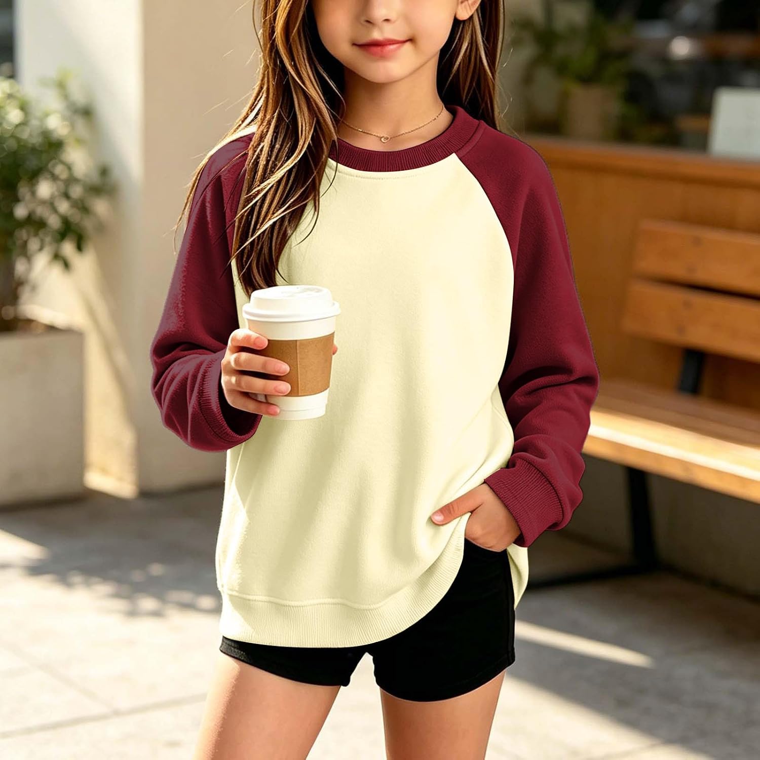 Girls Raglan Sleeve Color Block Crew Neck Sweatshirt Tops