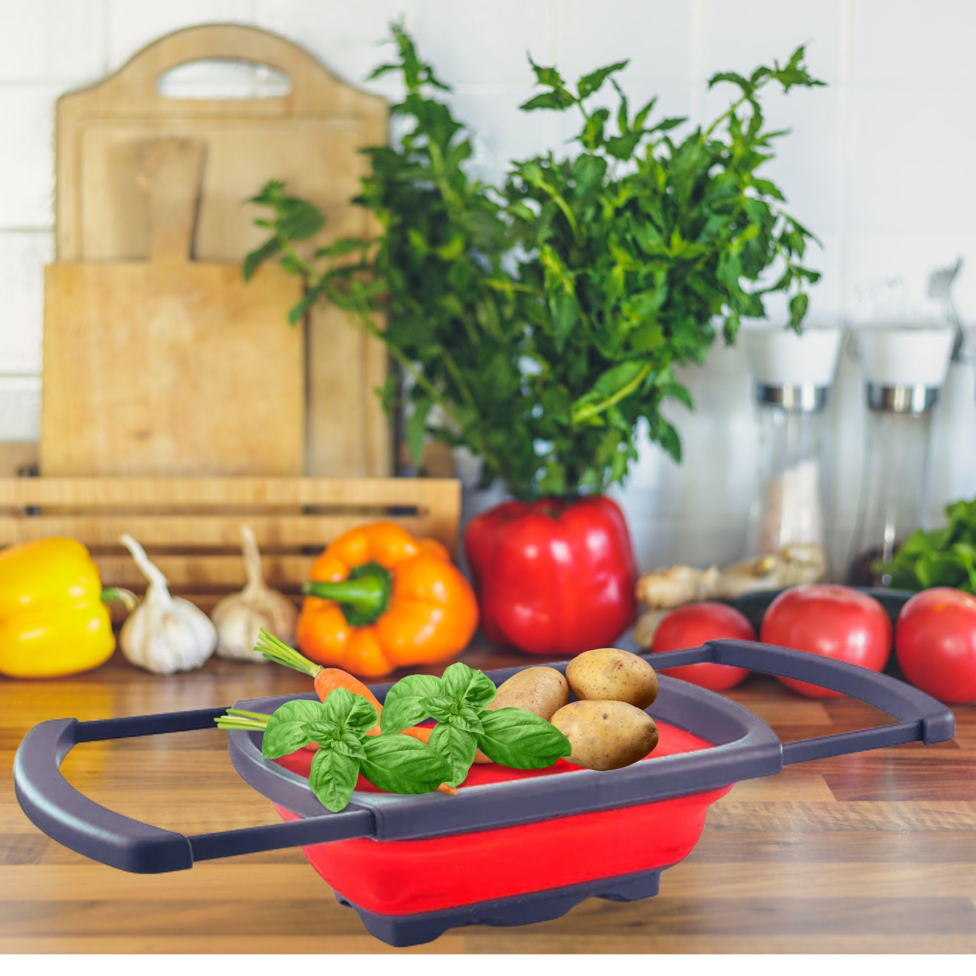 Scolapasta pieghevole – Colino e scolapasta in silicone con manici estensibili con 3 set di pelapatate – uso per verdure, frutta e pasta, colino pieghevole, 15,8 l, rosso