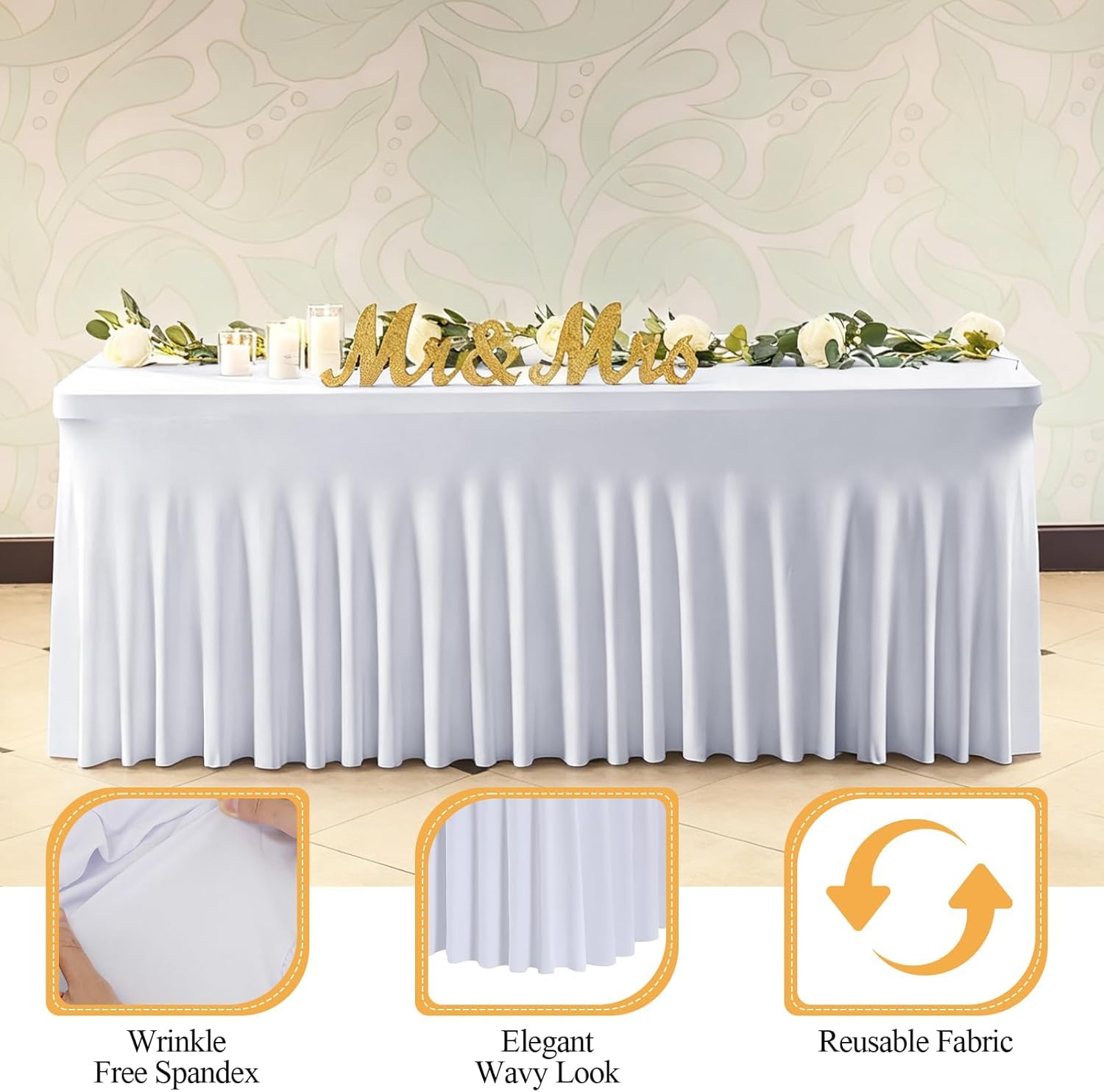 2er Set Tischrock Weiß 183 x 76 cm (6ft) Stretch Spandex Tischhusse rechteckig - Faltenrock Tischdecke & Skirting für Hochzeit Party Buffet Gastronomie - Tischverkleidung Bügelfrei & Waschbar
