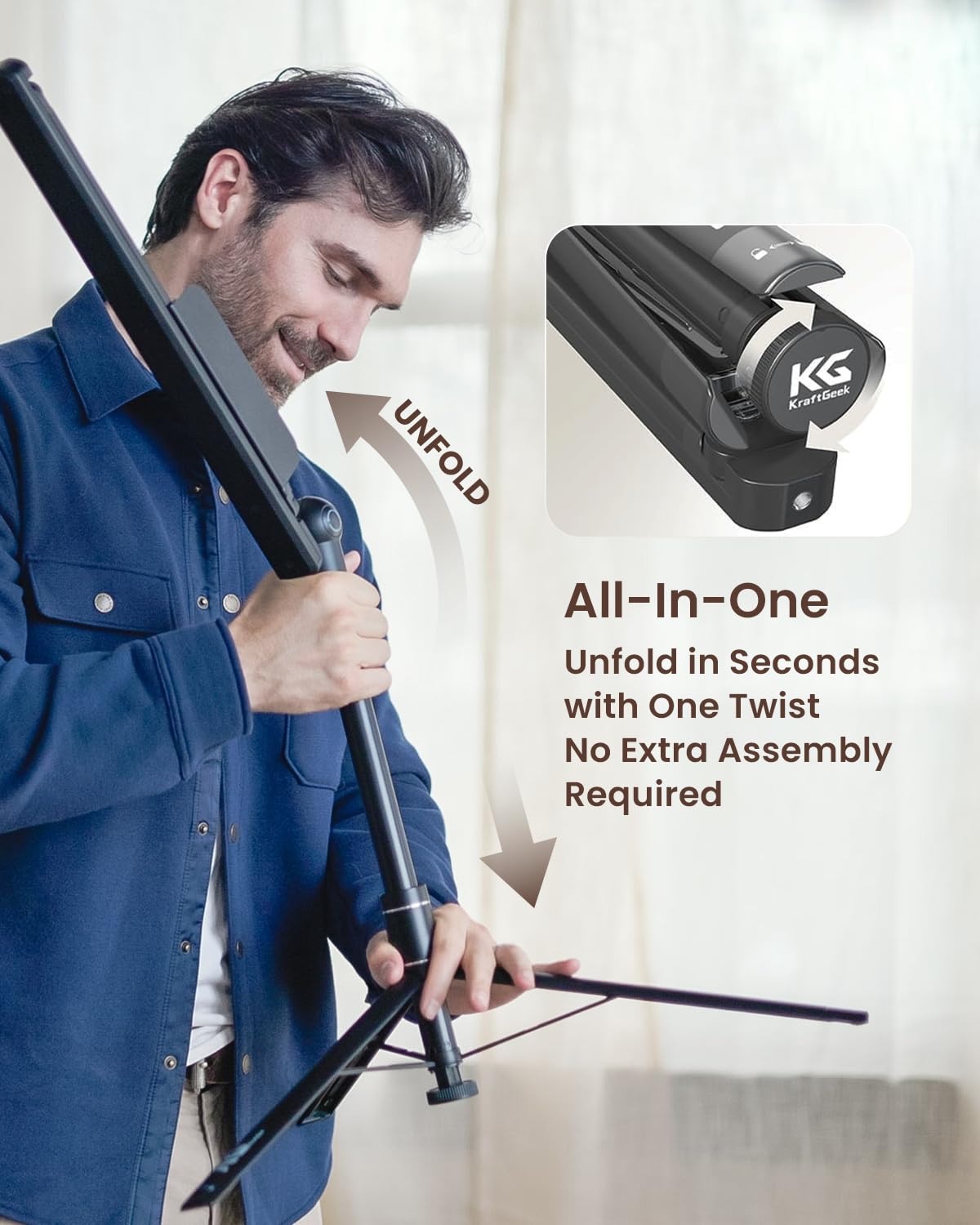 KraftGeek Kit di leggio portatile da 167,6 cm – Leggio pieghevole per spartiti da viaggio, include luce LED, borsa per il trasporto e supporto universale per telefono e tablet