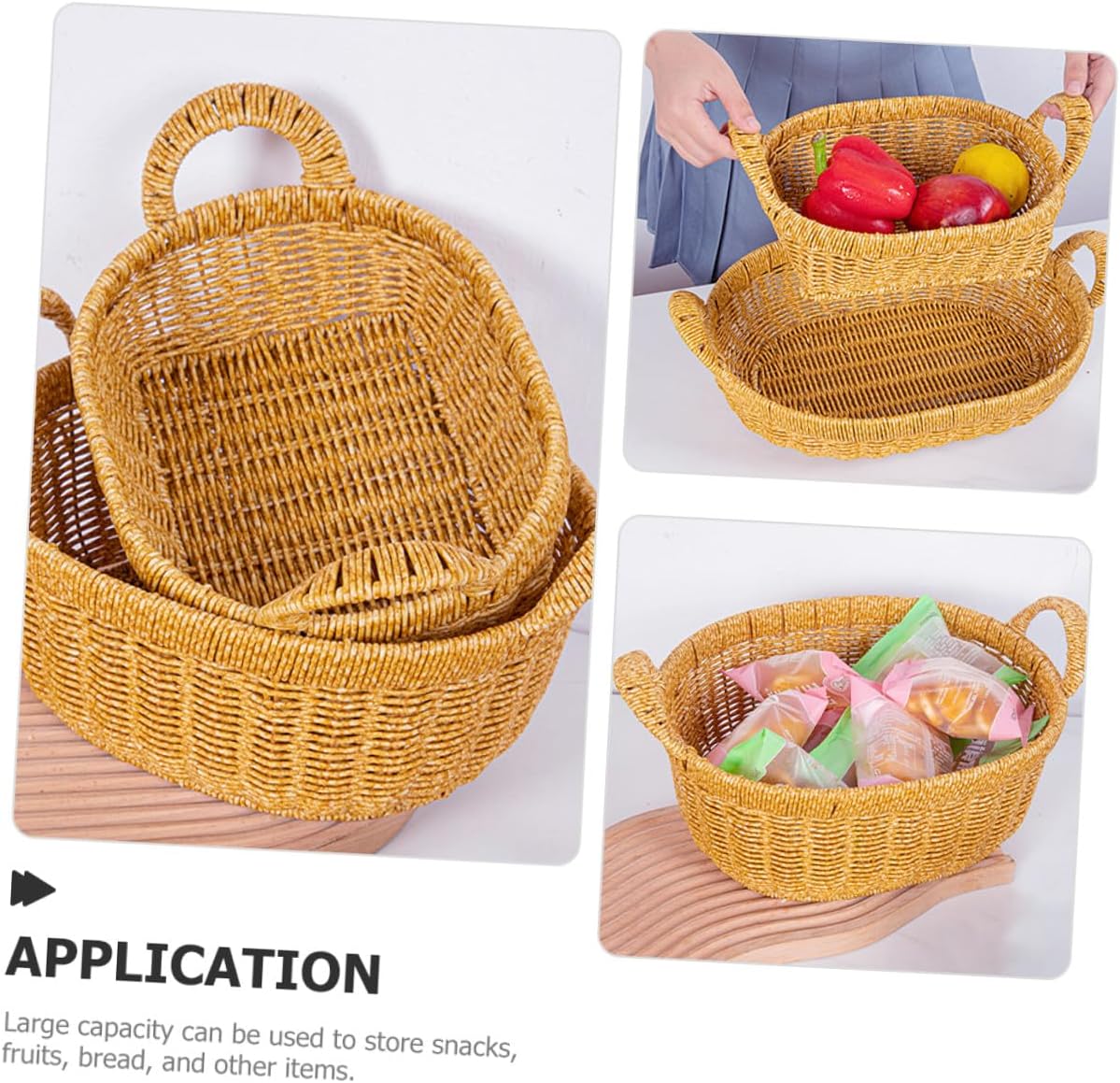 FRCOLOR Oval Large Deep Handwoven Snack Storage Basket with Handles, Imitation Rattan Plastic Fruit and Bread Tray for Kitchen Organizer and Outdoor Picnic Serving