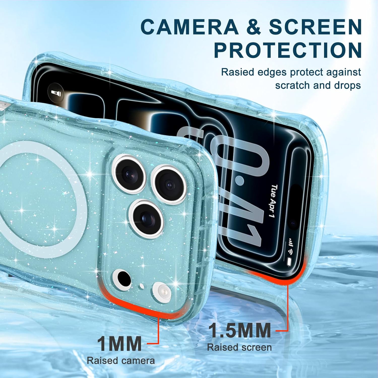 Magnetic for iPhone 17 Pro Max Case Clear, Sparkly Bling Glitter Cute Curly Wave Cover for Women Men Compatible with MagSafe TPU Shockproof Protective Phone Case for iPhone 17 Pro Max, Blue - Image 5