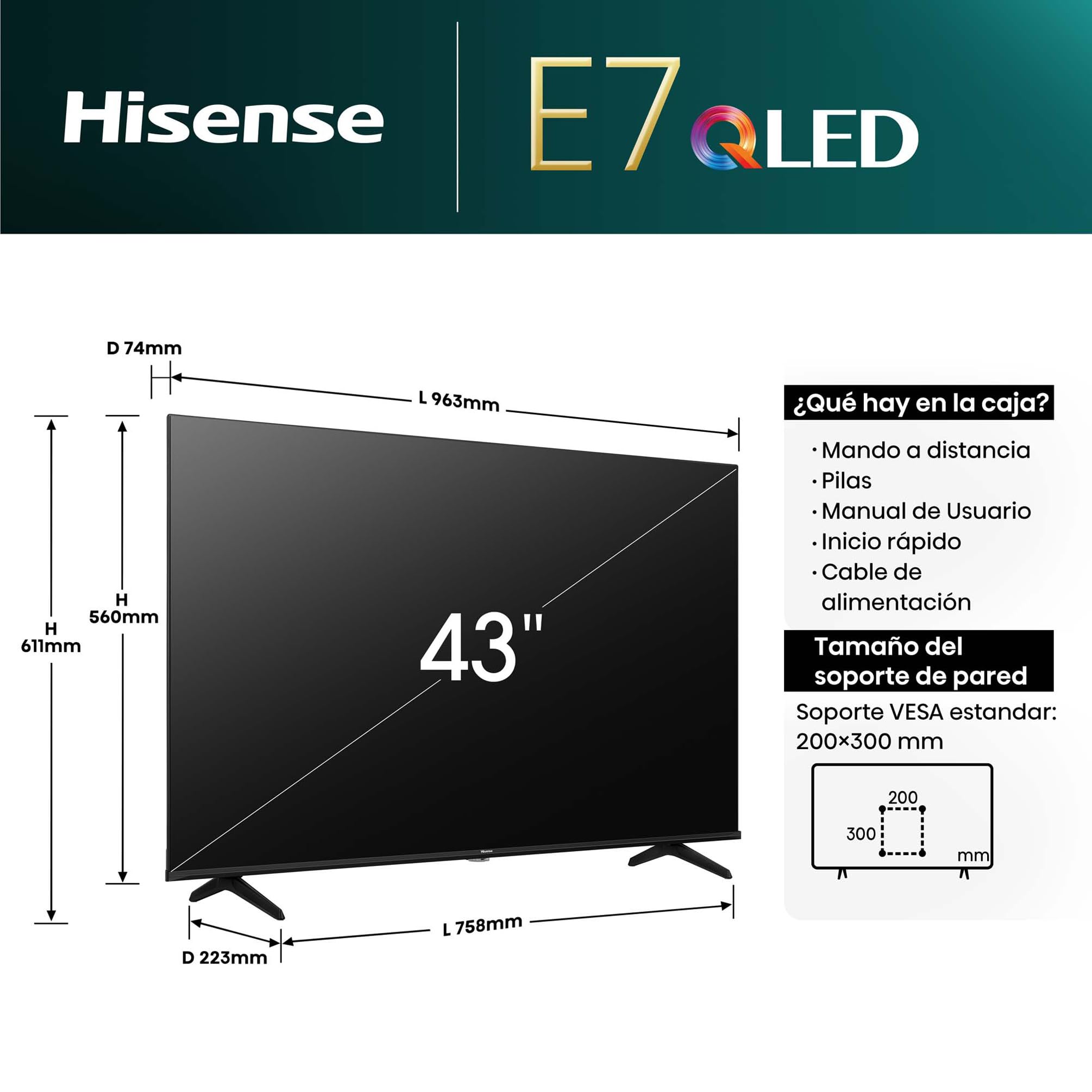 Hisense 43E7NQ - QLED Smart TV, 43 Pulgadas Televisor, Quantum Dot Colour, Dolby Vision, Dolby Atmos, Modo Juego Plus, 60Hz VRR 120 fps, Bluetooth&HDMI,Control por Voz televisor, VIDAA
