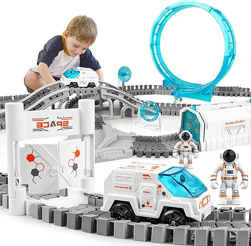 Pista de carreras de construcción, juego de pistas de tren espacial, 205 piezas, juego de pistas flexibles para niños de 4 a 7 años con estación de