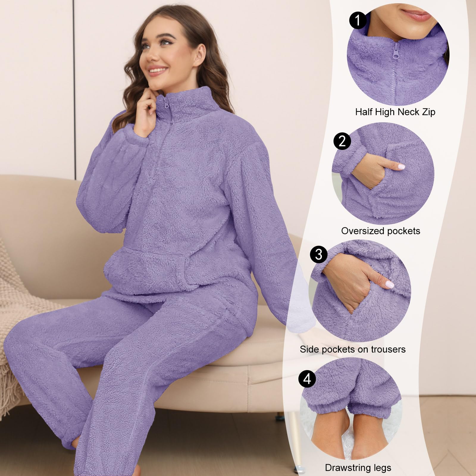 RITOSTA Pigiama Donna Invernale Felpato Pigiama Invernale in Pile Morbido Pigiami Stitch Lungo Pigiama Natalizio Tuta Termica Due Pezzi Donna con Felpa Pile di Cerniera,Pantalone