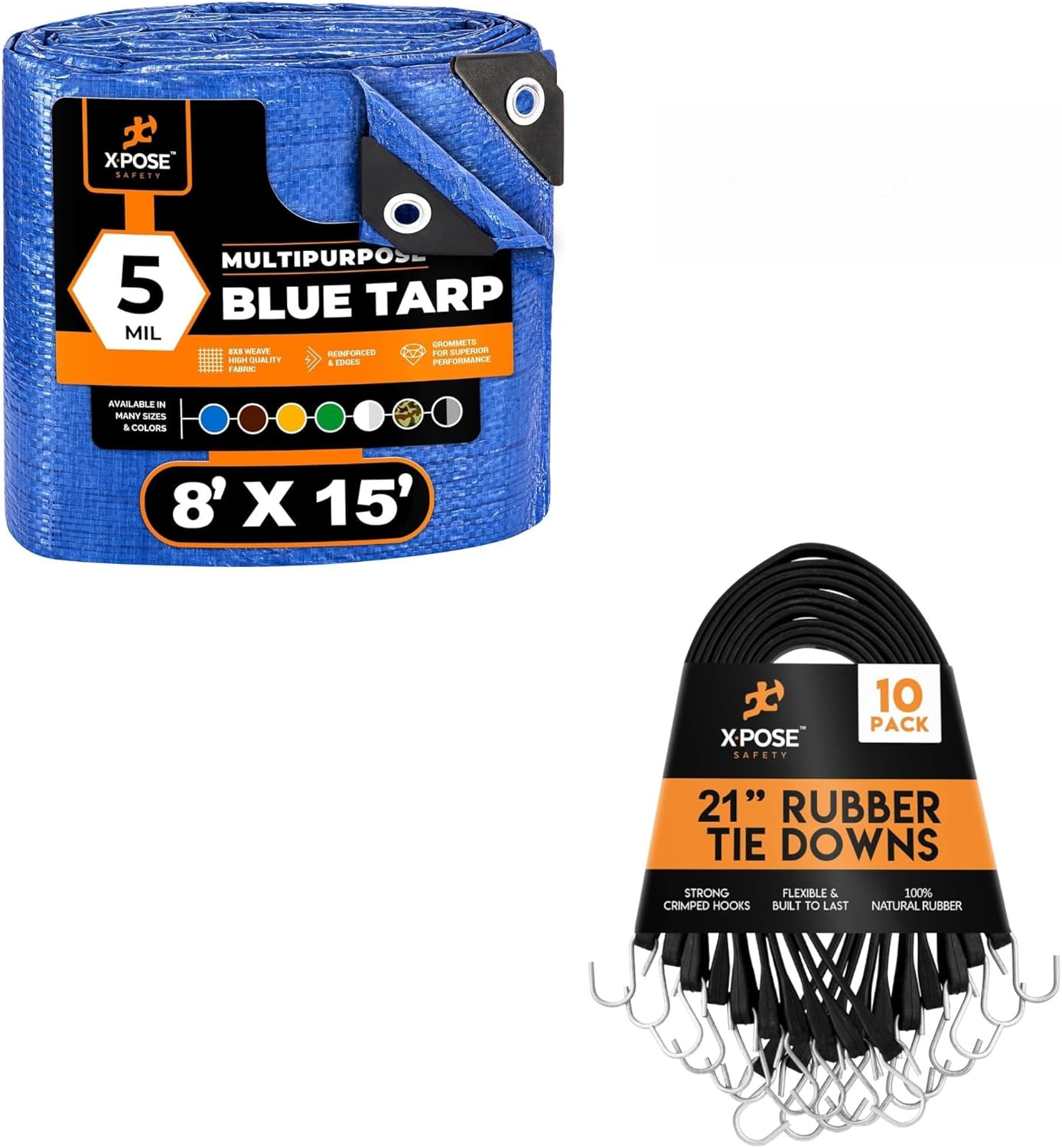 8' x 15' Multipurpose BluePoly 5 Mil Tarp with 10-Pack 21" (32” Max Stretch) Bungee Cords – Waterproof, UV Resistant, Reinforced Edges, Grommets & Durable Tie Down Straps by Xpose Safety