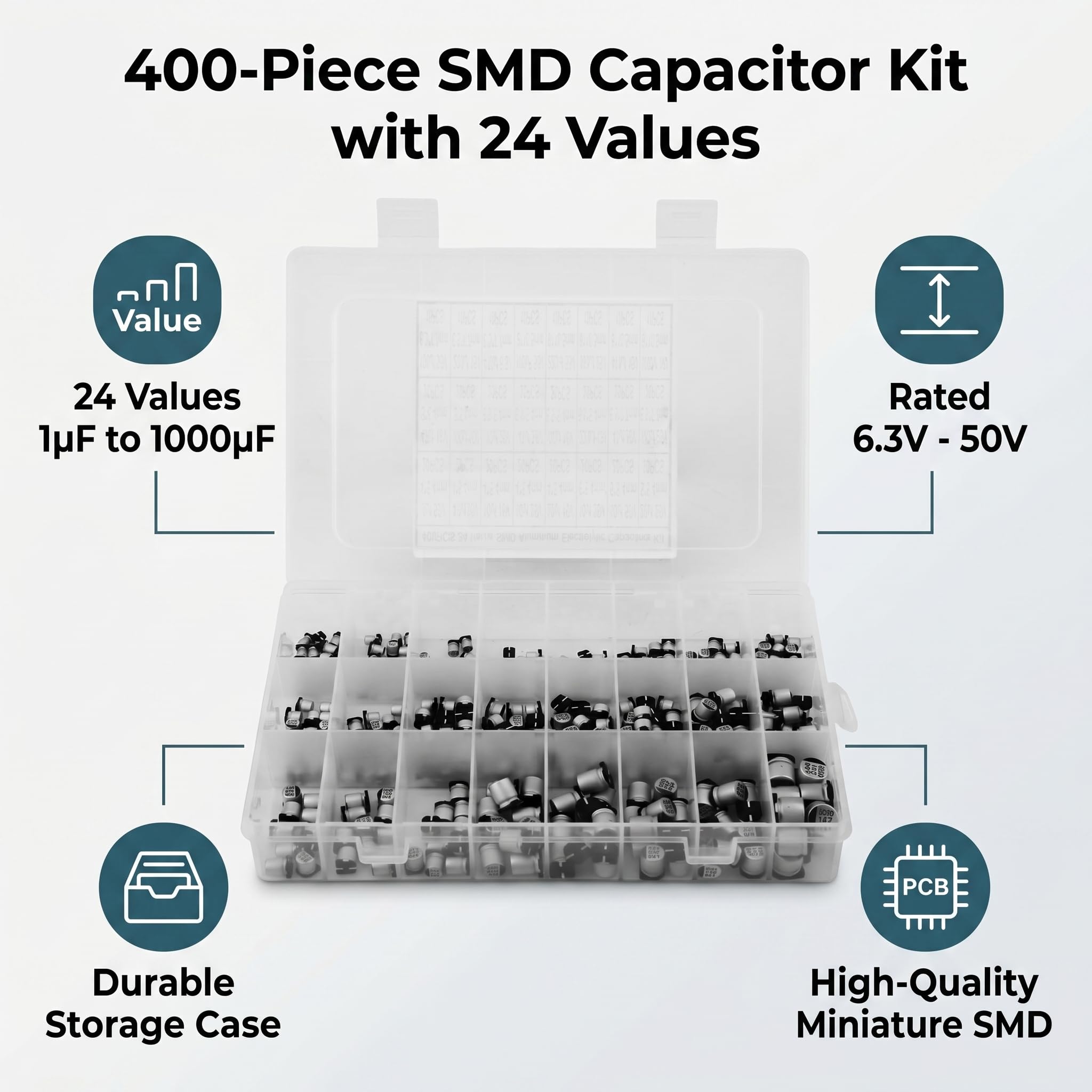 Condensador electrolítico de aluminio 400 piezas 24 valores Condensador radial SMD Kit de surtido de componentes electrónicos 1uF-1000uF