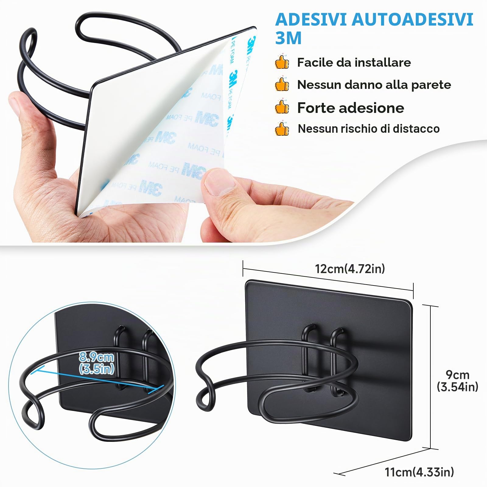 Porta Phon da Muro, porta Asciugacapelli Adesivo, Supporto Phon, porta Phone Bagno da Muro, Supporto Asciugacapelli, Nero