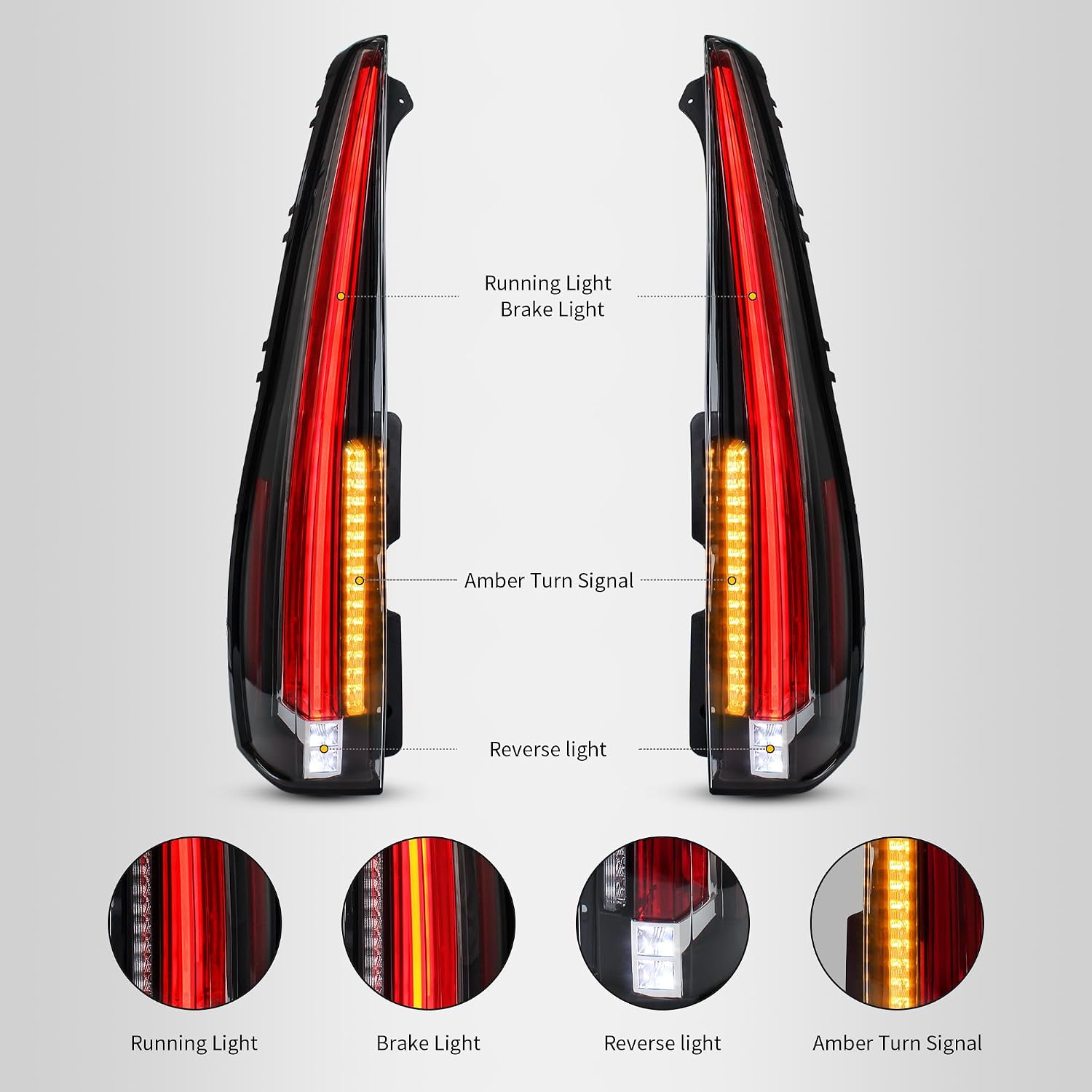 VLAND LED Tail Lights For GMC Yukon, Chevrolet Chevy Tahoe Suburban 3rd Gen SUV 2007-2014, With Yellow Turn Signal, Startup Animation (5 Pins with 5 Holes)
