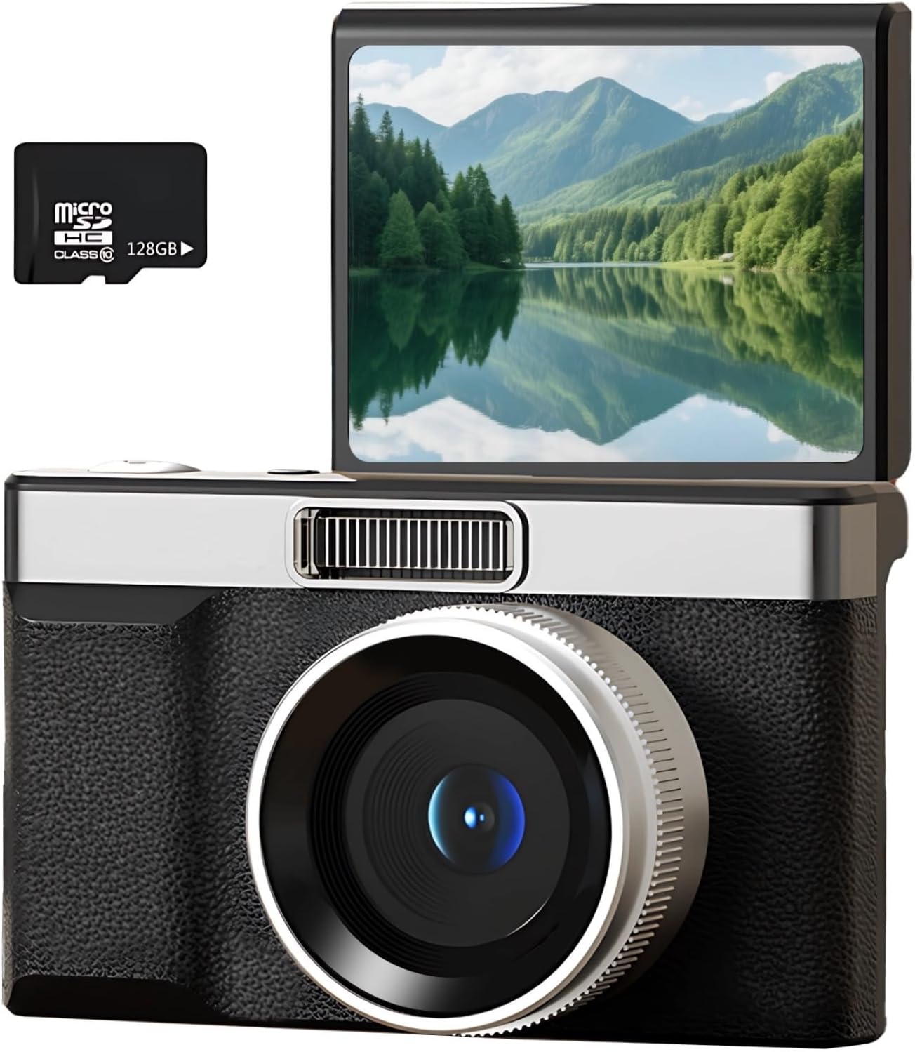 Compact Retro Digital Camera Flip, 128G Memory Card, 3.9 X 2.4 X 1.8 in (10 X 6 X 4.5 Cm), Portable Point and Shoot Camera, Selfies Perfect for, Abs Black
