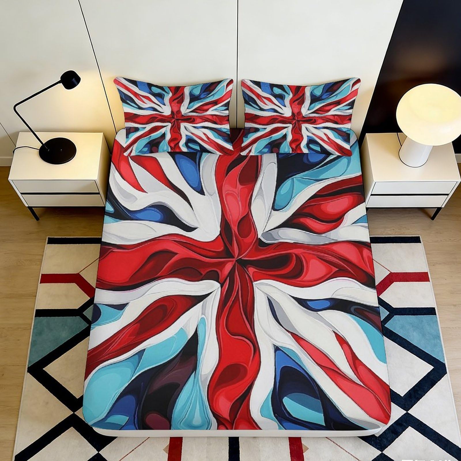 3D Printed Abstract British Flag Fitted Sheet Microfiber Bedroom Set Non-Slip Deep Pocket Union Mattress Fitted Cover Washable 200x200x25cm 90x200x25cm