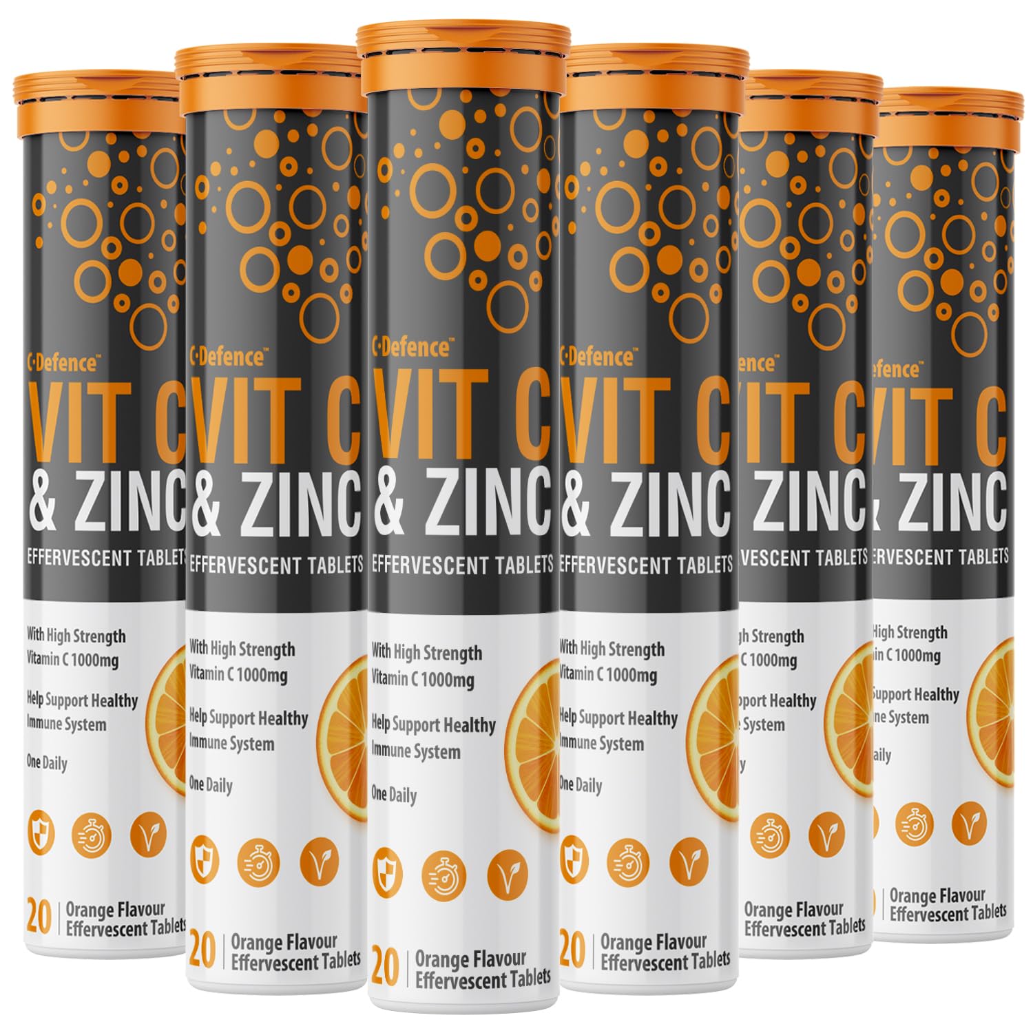 Vitamin C 1000mg & Zinc 15mg Orange Flavour Effervescent Tablets by Club Vits (6 Tubes of 20 Tablets)
