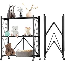 3 Tier Foldable Storage Shelf with Wheels, Heavy Duty Garage Shelving Unit Loads 550 LBS, Metal Steel Collapsible Shelves, Rolling Standing Utility Rack for Kitchen, Pantry, Office, Black