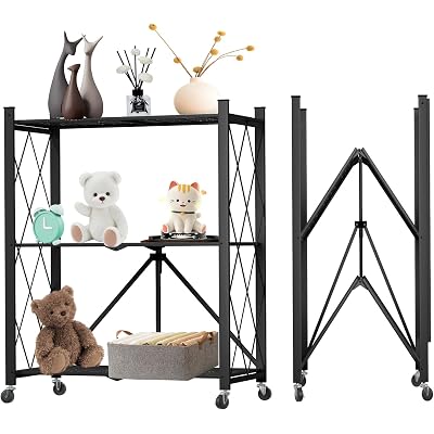 3 Tier Foldable Storage Shelf with Wheels, Heavy Duty Garage Shelving Unit Loads 550 LBS, Metal Steel Collapsible Shelves, Rolling Standing Utility Rack for Kitchen, Pantry, Office, Black