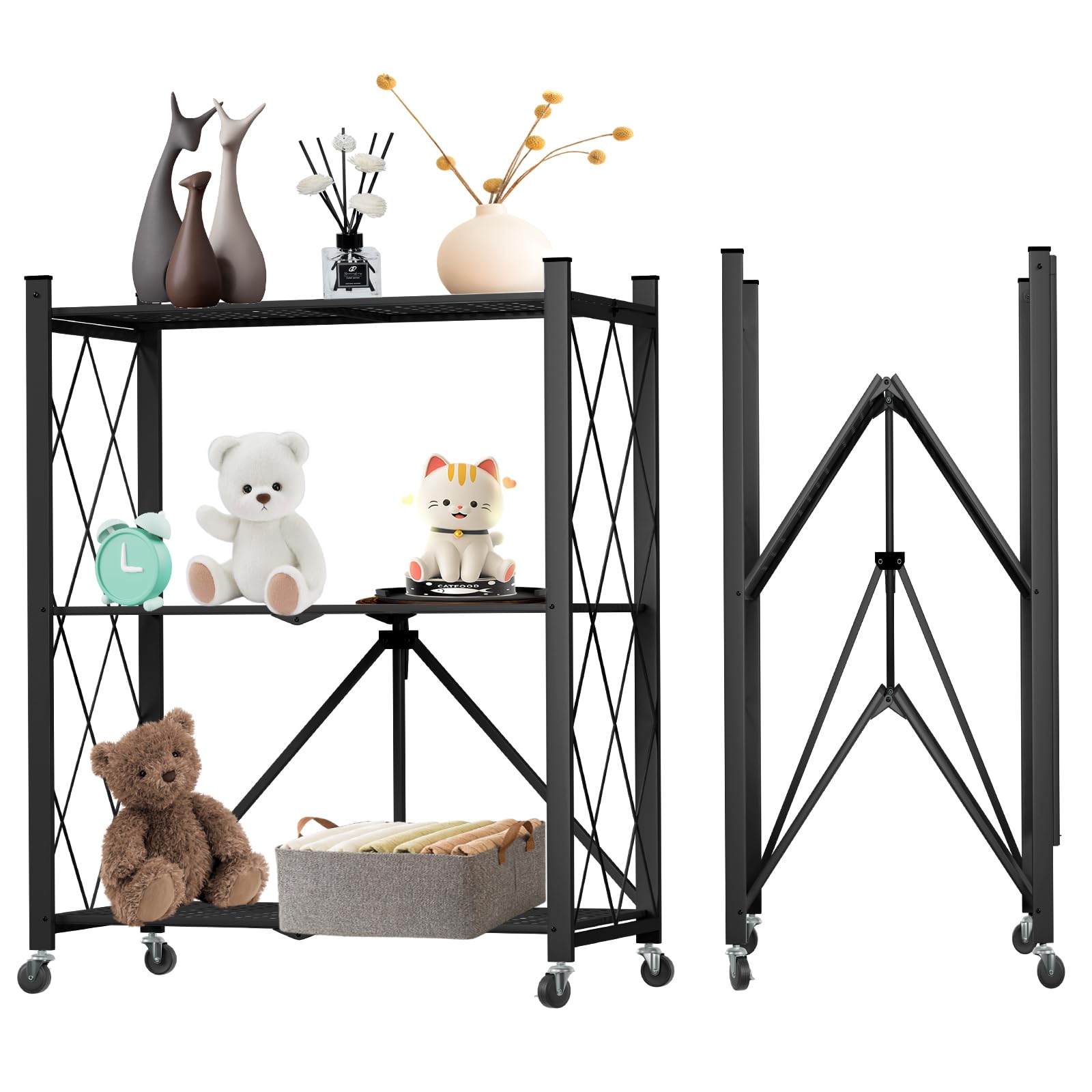 Photo 1 of 3 Tier Foldable Storage Shelf with Wheels, Heavy Duty Garage Shelving Unit Loads 550 LBS, Metal Steel Collapsible Shelves, Rolling Standing Utility Rack for Kitchen, Pantry, Office, Black Black 3 Tier