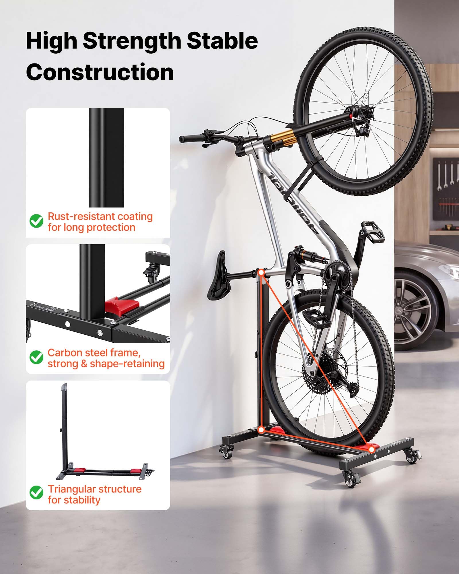 VEVOR Soporte para Bicicleta de Acero con Ruedas 360°, Altura Ajustable, Portabicicletas Independiente con Bloqueo, Uso Vertical y Horizontal para Ruedas de 20 a 29 Pulgadas (508 a 737 mm), Juego de 2