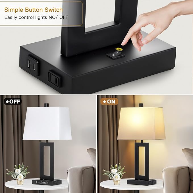 Lámpara de Mesa Cinkeda Set de 2 con USB C+A y Enchufe, Moderna miniatura 5