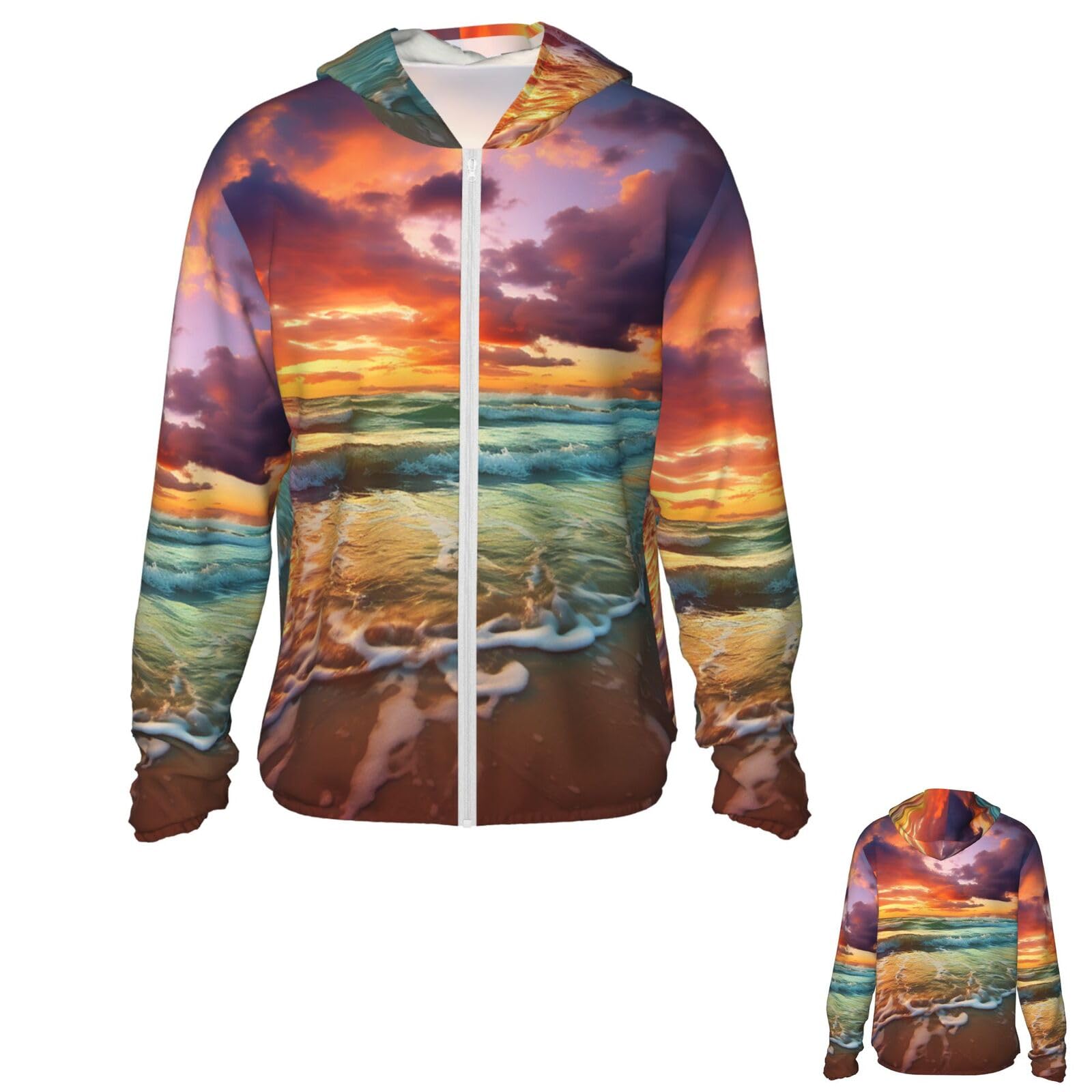 NONHAI Men's Sun Protection Jacket UPF 50+ Full Zipper Long Sleeve UV Hoodie Shirt Ocean Rainbow Beach Women's Outdoor Jacket