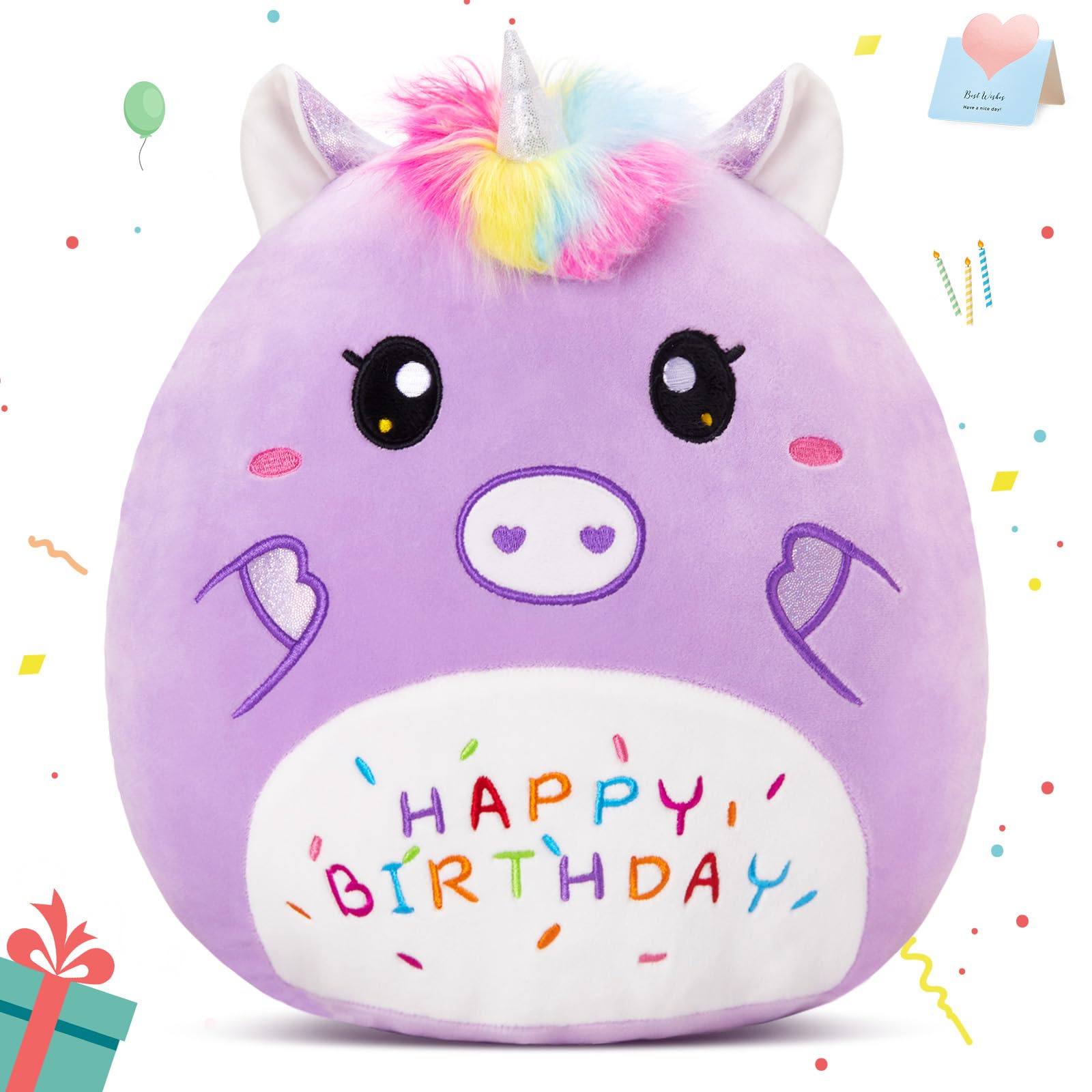 CozyWorld 12” Birthday Unicorn Plush Pillow,Cute Unicorn Stuffed Animal,Soft Plushies Pillow,Happy Birthday Plush Toy Gifts for Kids Toddlers Girls
