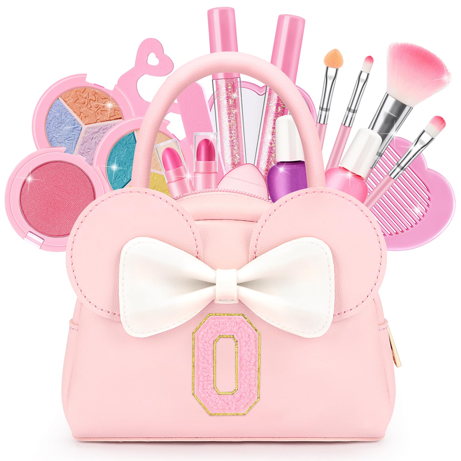 Kids Real Makeup Kit for Girls - 18Pcs Non-Toxic Washable Make Up Toys with Initial Toddler Purse - Personalized Birthday Gifts for Age 3 4 5 6 7 8 9