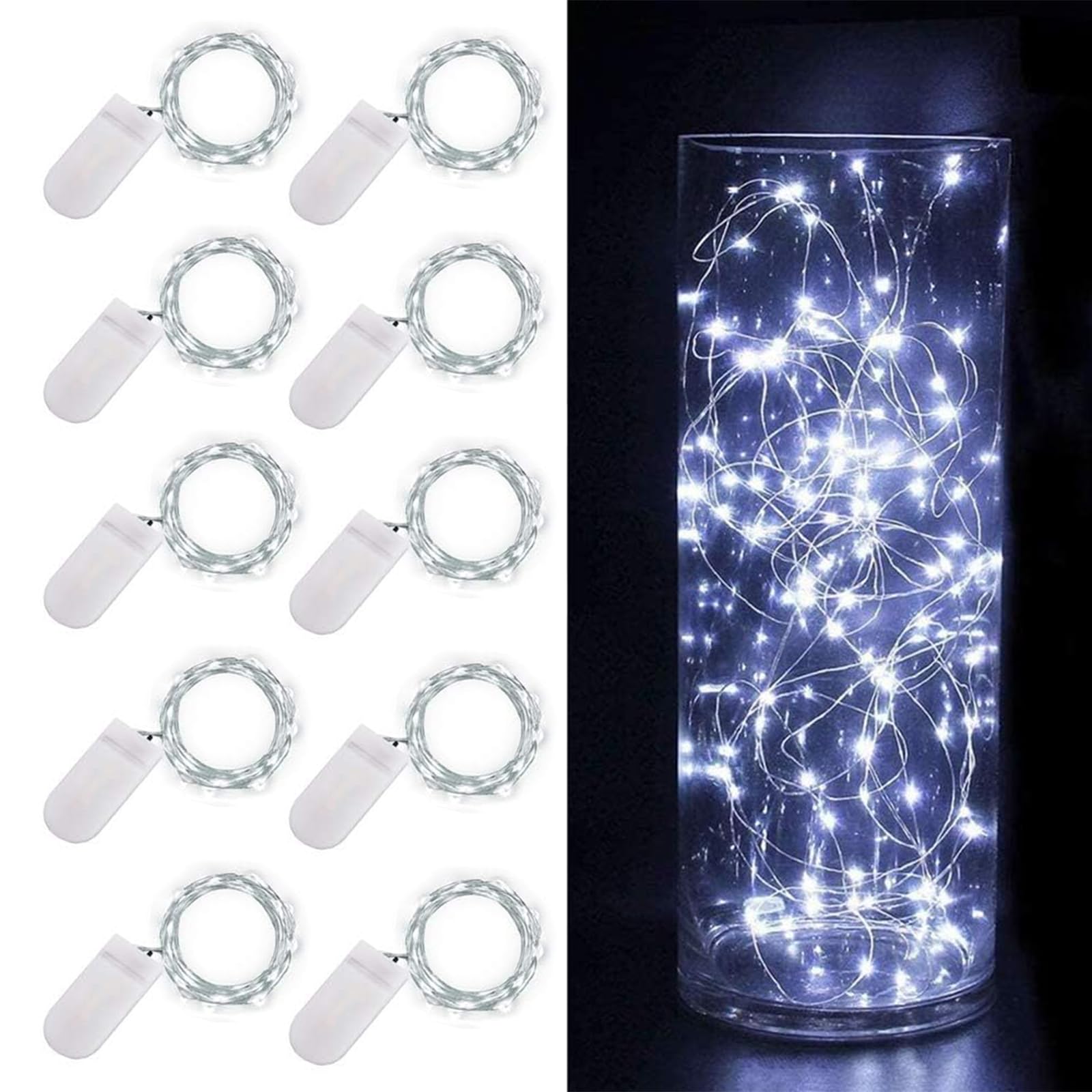 Koboko Micro LED Lichterkette mit Batterie, 10 Stk 2M 20LED Kupferdraht Lichterkette Innen, Weiß Lichterketten Batteriebetrieben, Dekorative Lichter für Garten, Hochzeit, Silvester, Weihnachten Innen
