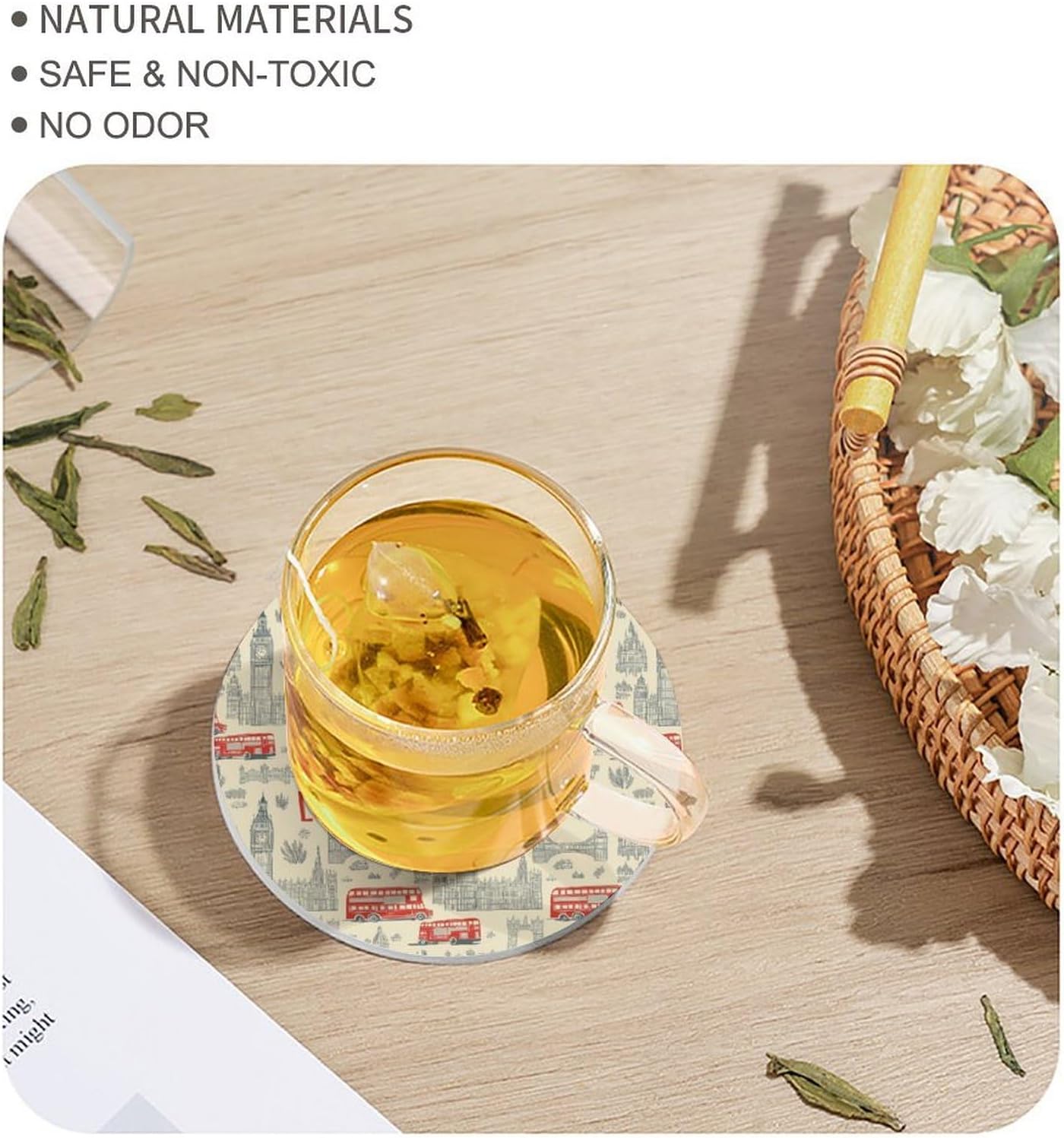 London English Round Ceramic Coasters Print Drinks Absorbent with Cork Base for Home Decor Gifts 4 Inch