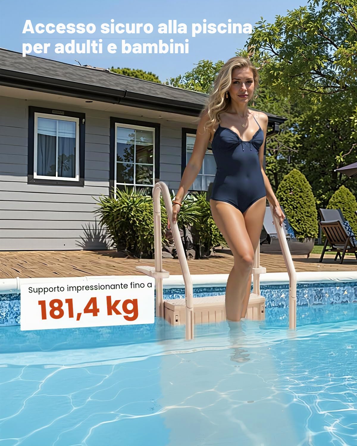VEVOR Scala per Piscina, Scale con Corrimano Doppio a 4 Gradini Antiscivoli, Capacità 181,4 kg, per Piscine Interrate e Fuori Terra da 122-137 cm, Qualsiasi Superficie di Pavimentazione, Tortora