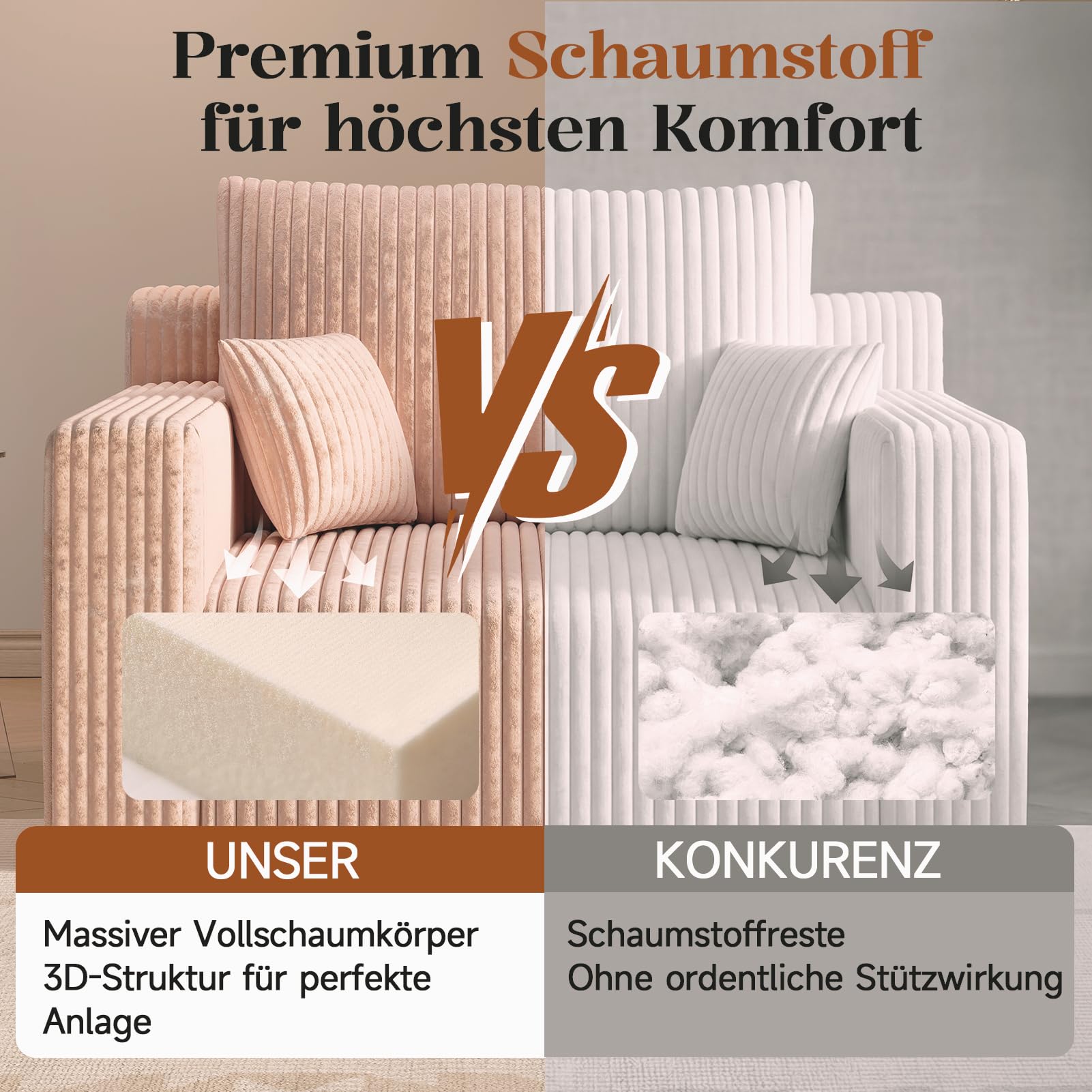 HAUSPROFI 2-in-1-Schlafsofa aus Cord mit Hocker für Gäste – Bodensofa mit 3 Kissen, Einzelsofa und Schlafsessel mit Seitentasche für Wohn- und Schlafzimmer