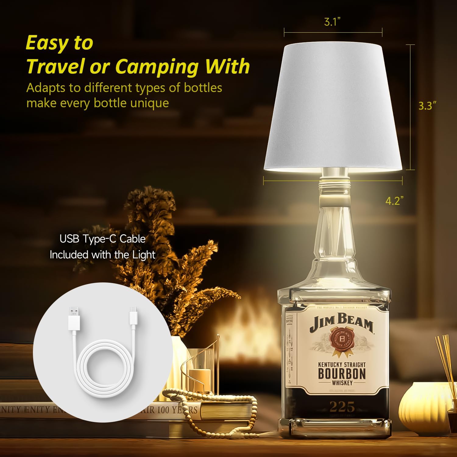 2025 New Wireless Bottle Lamp - LED Bottle Lights for Liquor & Wine Bottles, Cordless Lampshade, Whiskey Bottle Top Light, Bottle Stopper Night Light Kit, Rechargeable 3-Tone Touch-Dimmable