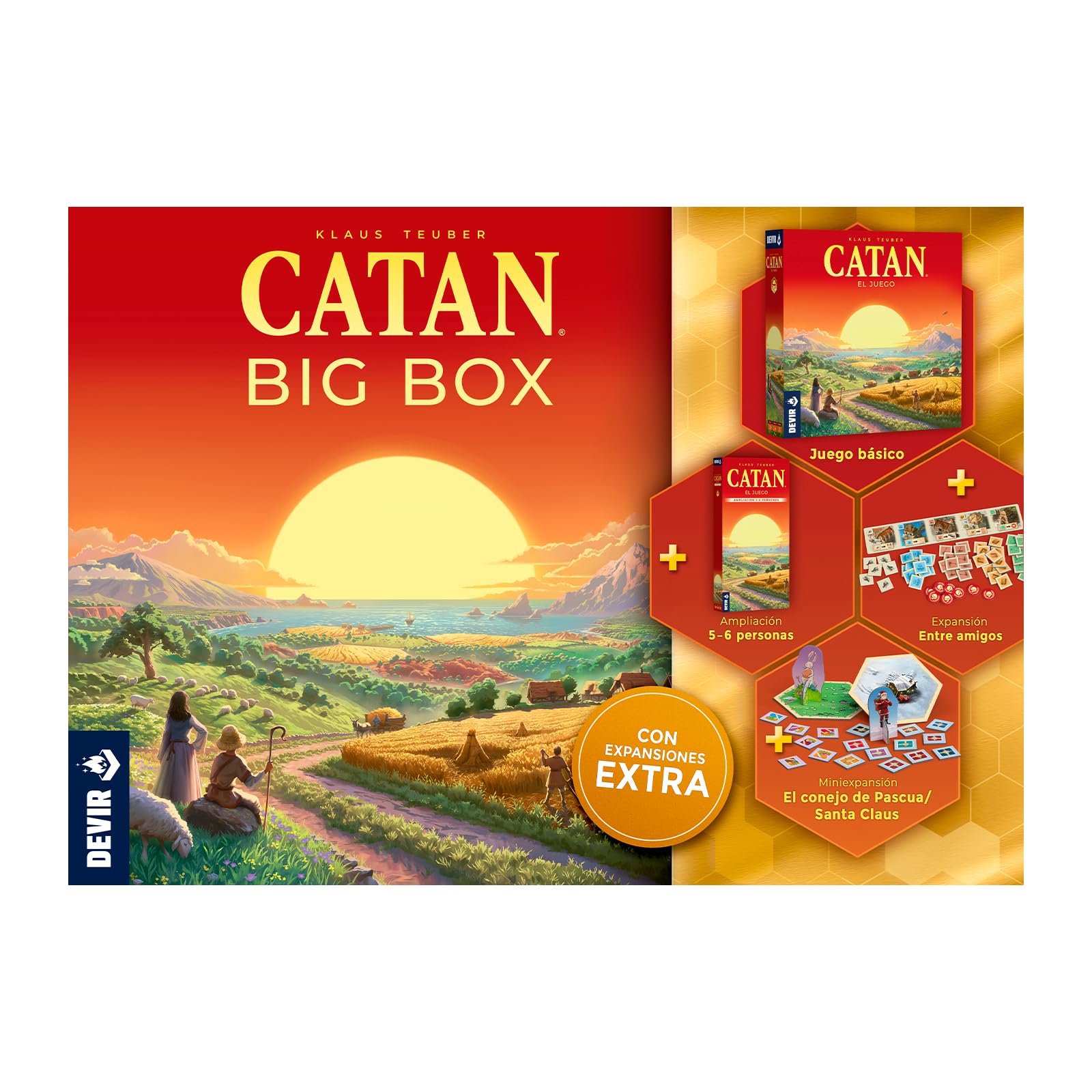 Devir - Catan Big Box, Juego de Mesa, Edición 2025 (Incluye Juego Básico, Ampliación para 5-6 Jugadores, 2 Miniexpansiones) (BGCATPLUSP3)