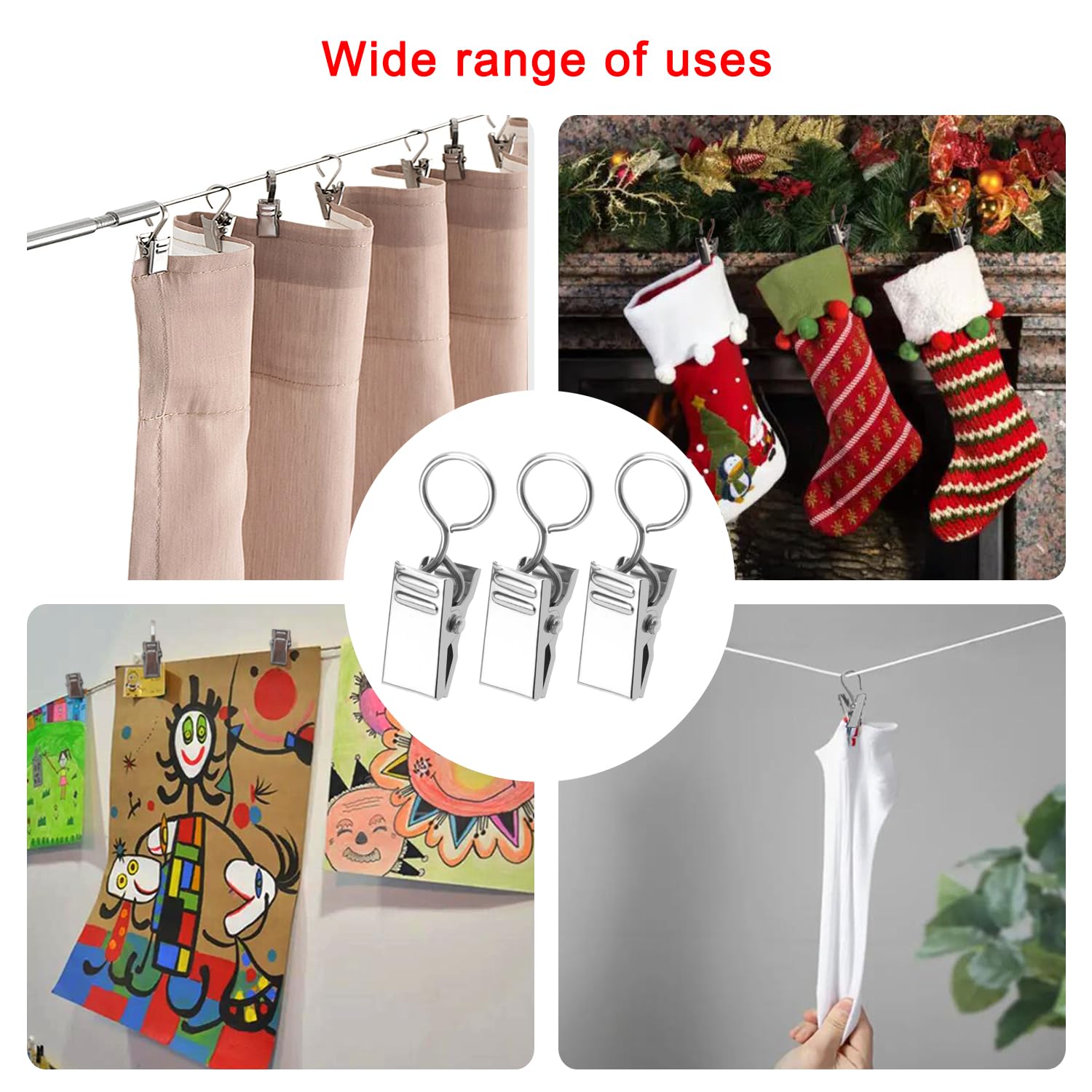 50 Clip Per Tende In Acciaio Inox – Ganci Universali Per Tende, Doccia, Foto, Luci, Decorazione Casa, Colore Argento