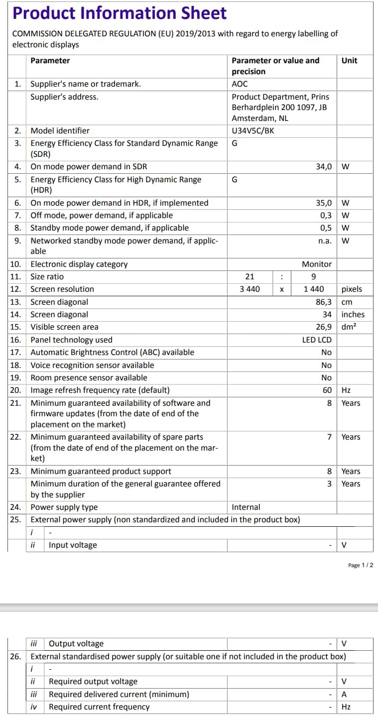 AOC U34V5C/BK Energy Label