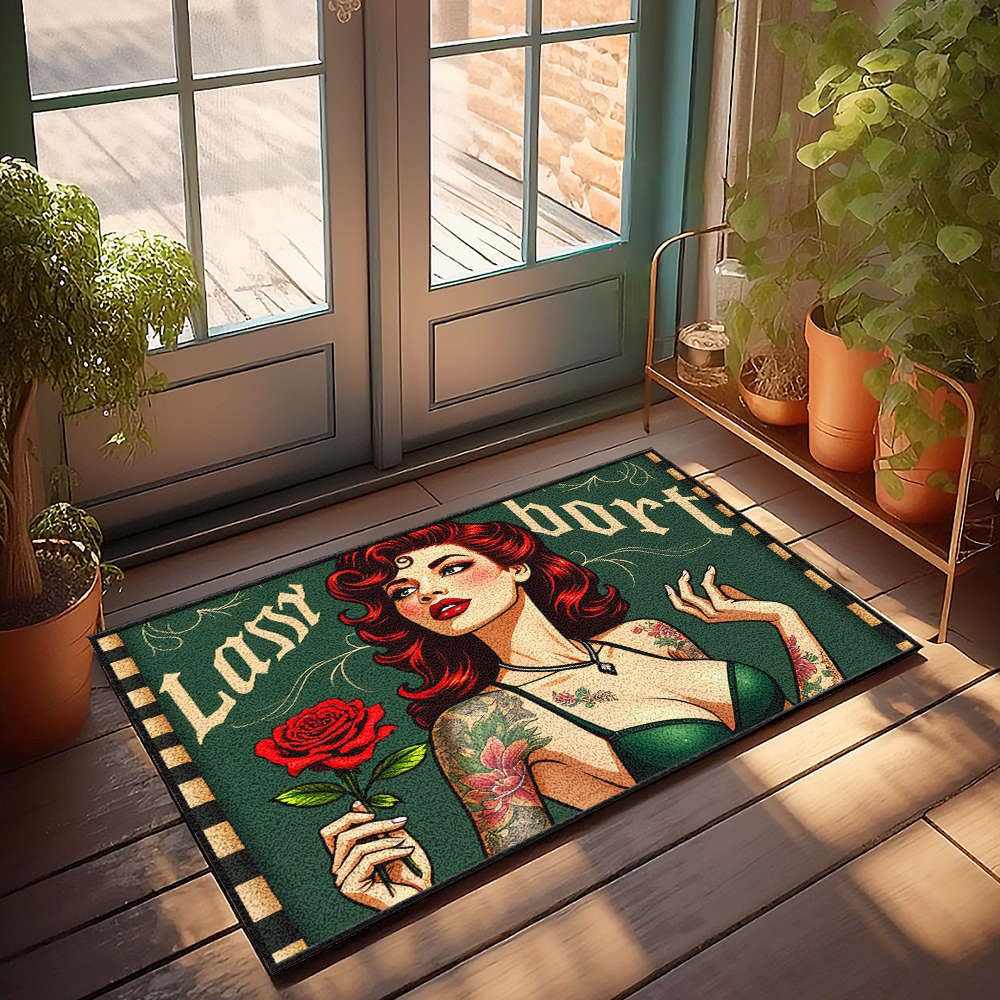 Tapis de porte Pin-Up Girl rétro antidérapant avec rose rouge 65 x 90 cm