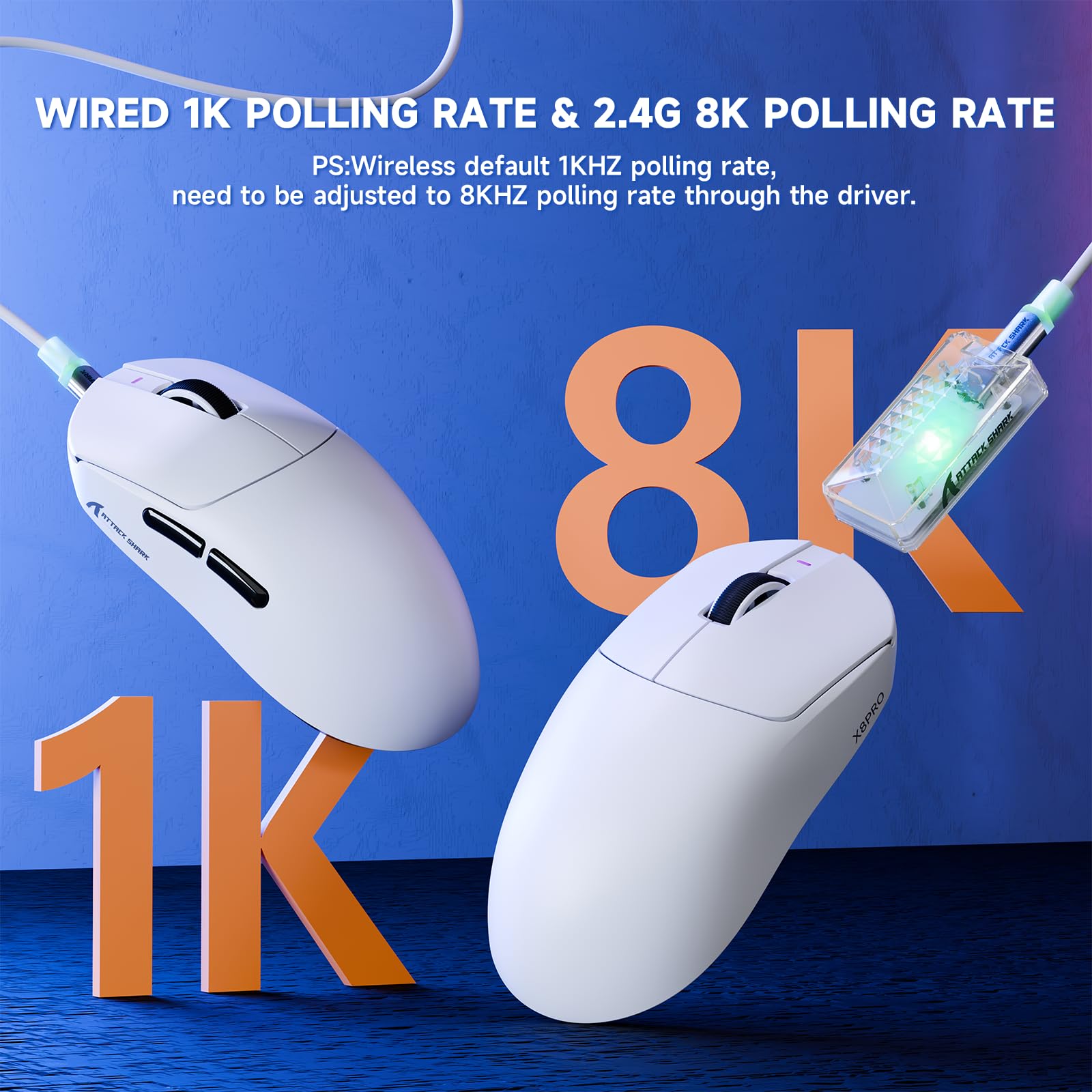 ATTACK SHARK X8PRO Mouse da gioco wireless ultraleggero 55g con cavo a spirale per mani medie/grandi, frequenza di polling 8K, 2.4G/cablato/BT, 500mAH, 40000DPI, sensore ottico PAW3395 - Bianco