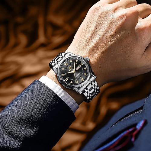Miniatura 2 de OLEVS Relojes para hombre, de acero inoxidable, analógico, de cuarzo, cronógrafo, fase lunar, impermeable, fecha, luminoso, reloj masculino, regalo