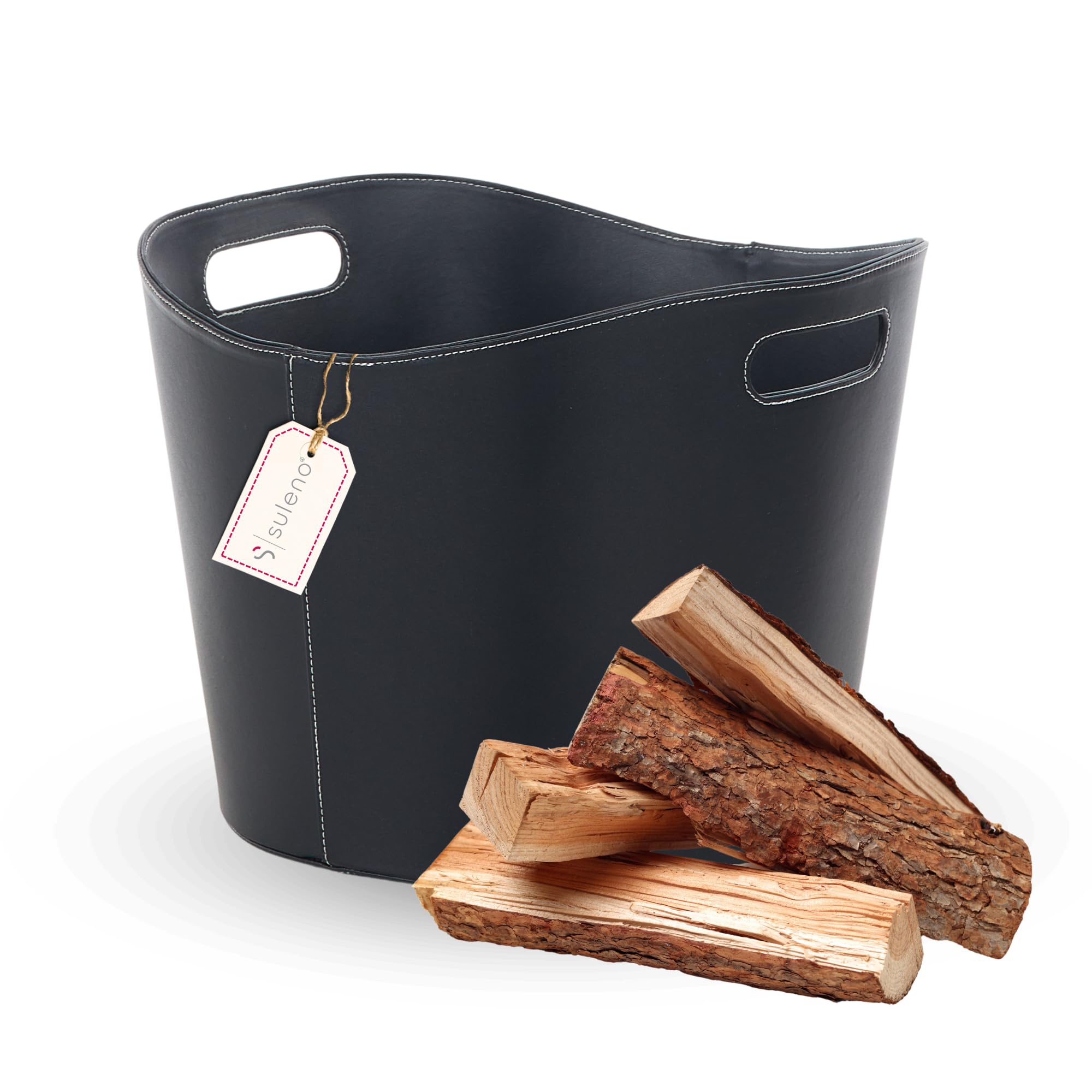 SULENO Holzkorb WEXFORD Brennholzkorb Kunstleder, L - 31,5 x 39,5 x 38 cm | schwarz, Kaminholz, Kaminholzkorb