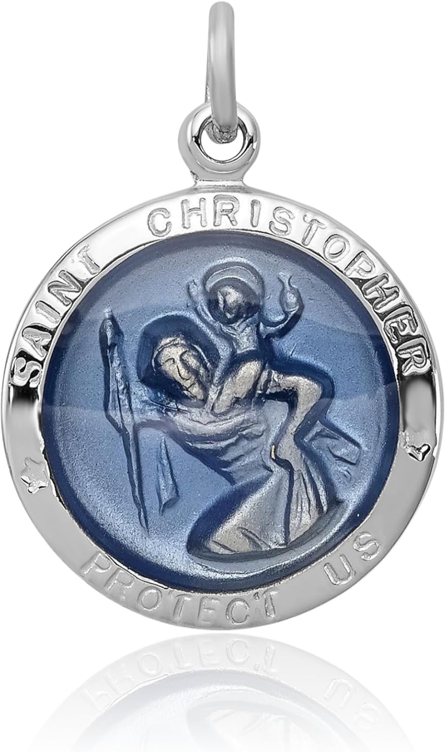 IceCarats 925 Sterling Silver Blue Epoxy Medium Saint Christopher Medal Pendant Necklace 20mm 3/4 inch Round Cut, Natural, Prong Set, Engravable For Her