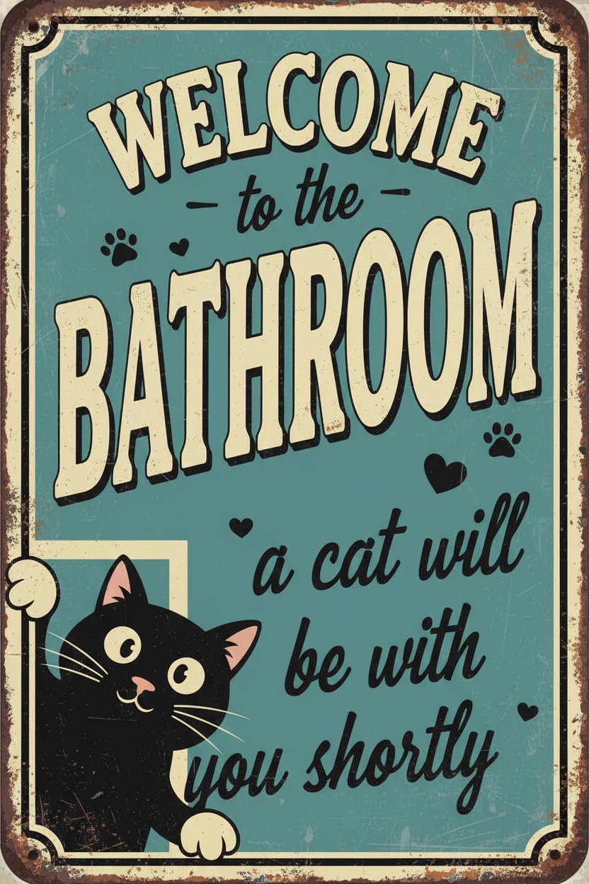 Welcome To Bathroom Cat Tin Sign, 8x12 Inch Restroom