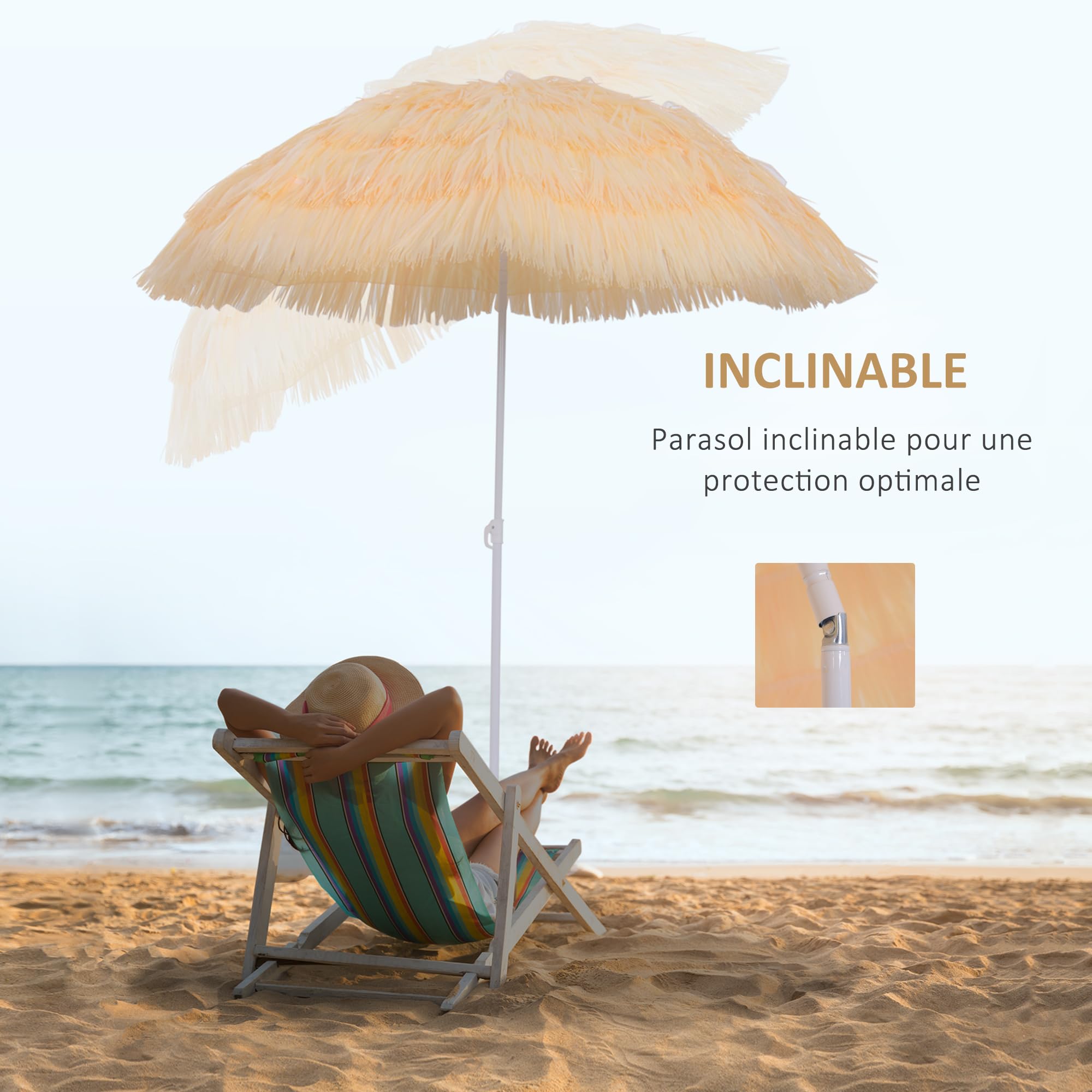 Outsunny Parasol de Plage Design Hawai Raphia Artificiel 160 cm Beige