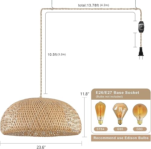 Miniatura 4 de Lámpara colgante de bambú con cable de luz tejido hecho a mano de 14 pies, interruptor regulable, cesta rústica, lámpara colgante extragrande para