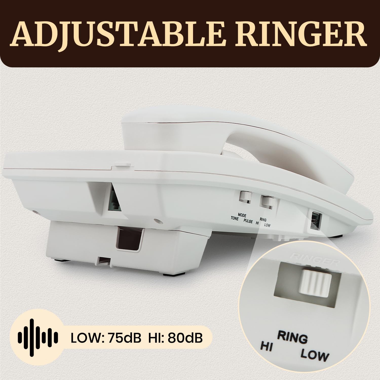 Adjustable ringer switch on the Uvital Corded Phone with High and Low settings