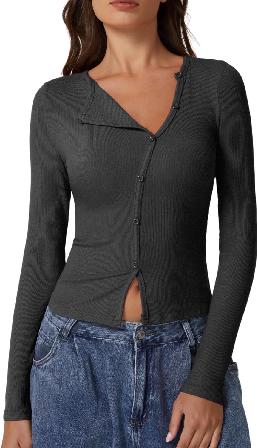 QINSEN Women's Long Sleeve Ribbed Crewneck Shirts Upper Button Fastening Going Out Tops