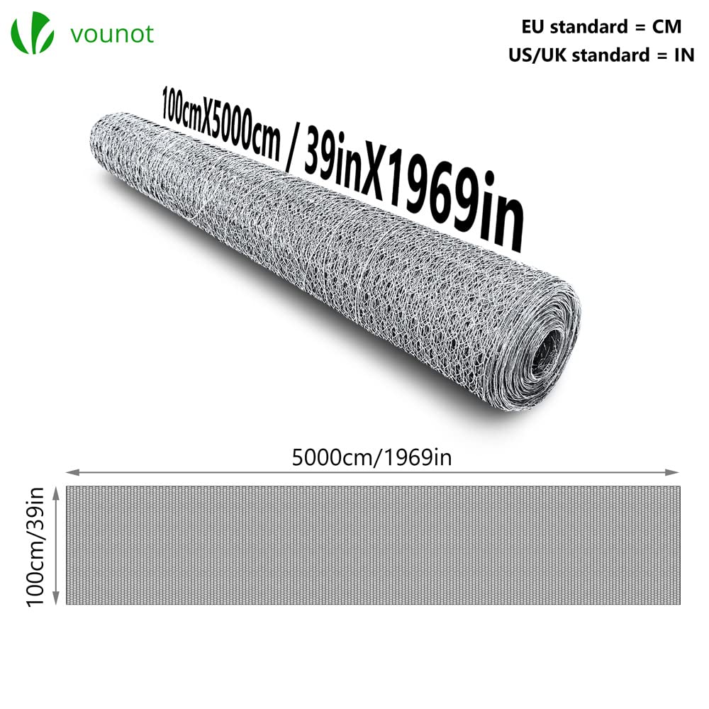VOUNOT Ogrodzenie z siatki sześciokątnej, ogrodzenie z drutu dla królików, drut z kurczaka, rozmiar oczka 13 mm, wysokość 100 cm, długość 50 m, ocynkowany srebrny