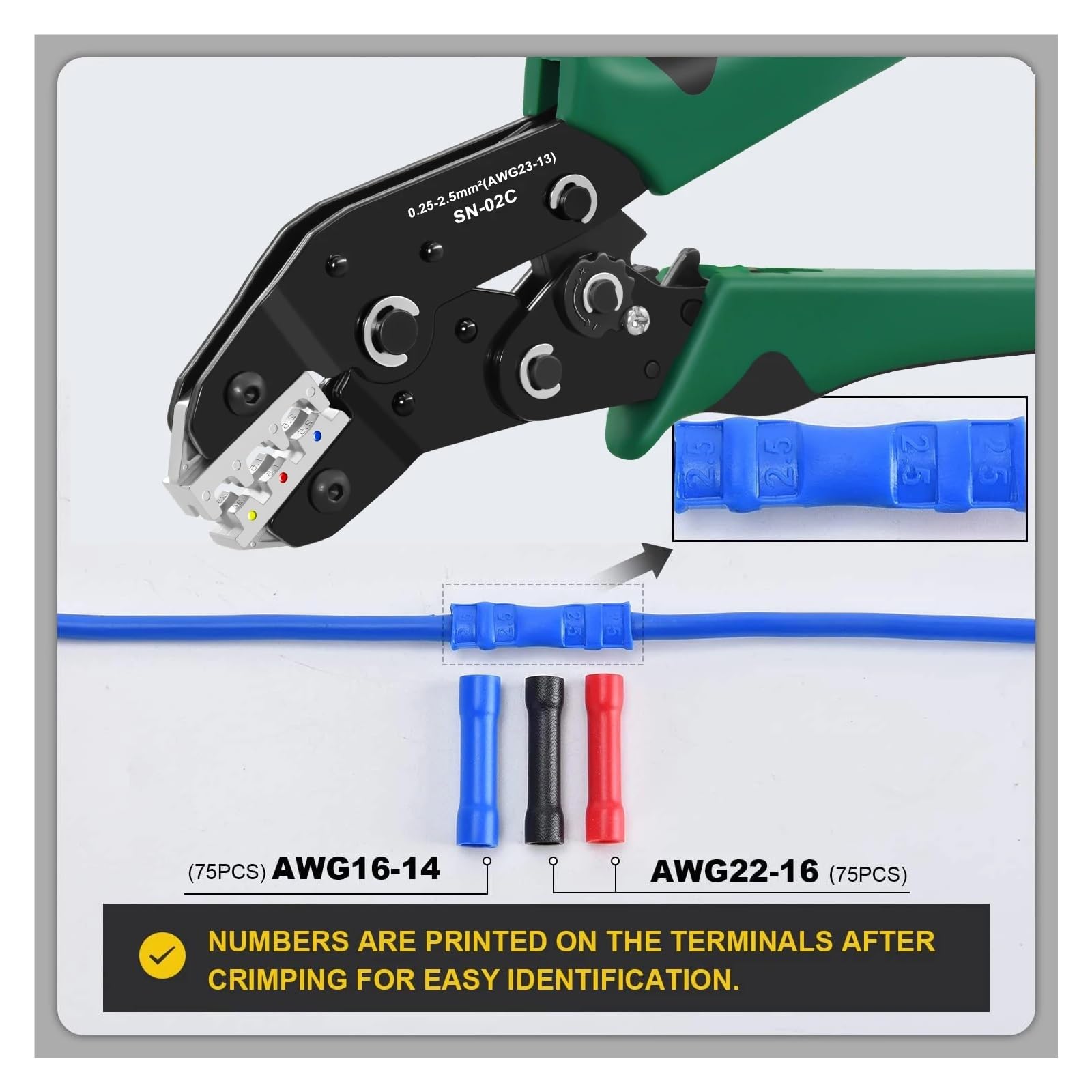 Kit de herramientas crimpado terminales cable 02C con 225 conectores empalme eléctrico aislados - Alicates trinquete