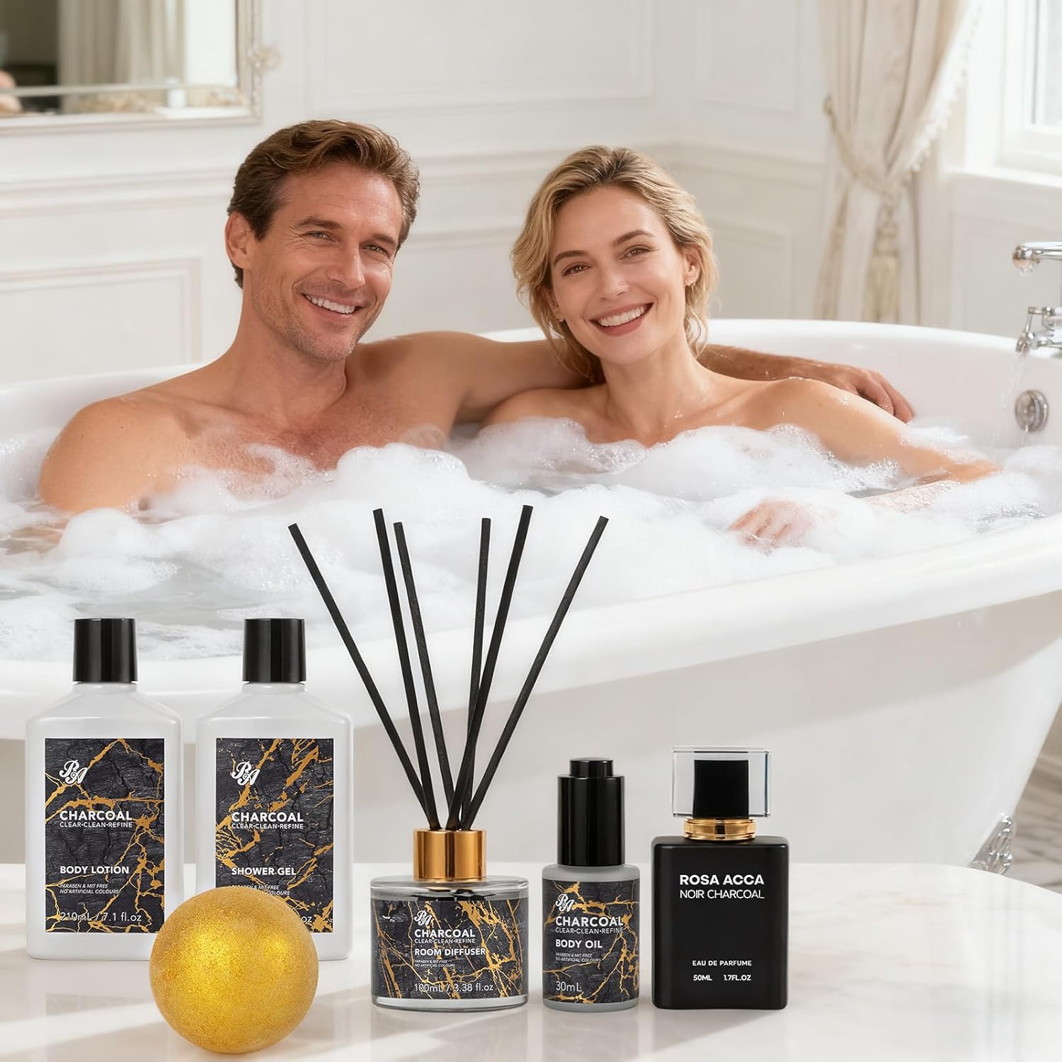 35 Pcs Valentines Day Gifts for Women & Men, Charcoal Bath & Body Gift Basket, Face Skin Care Kit, Self-Care Gift, Diffuser, Shower Gel, Massage Oil, Bath Bomb, Birthday, Christmas, Mother, Husband - Image 5