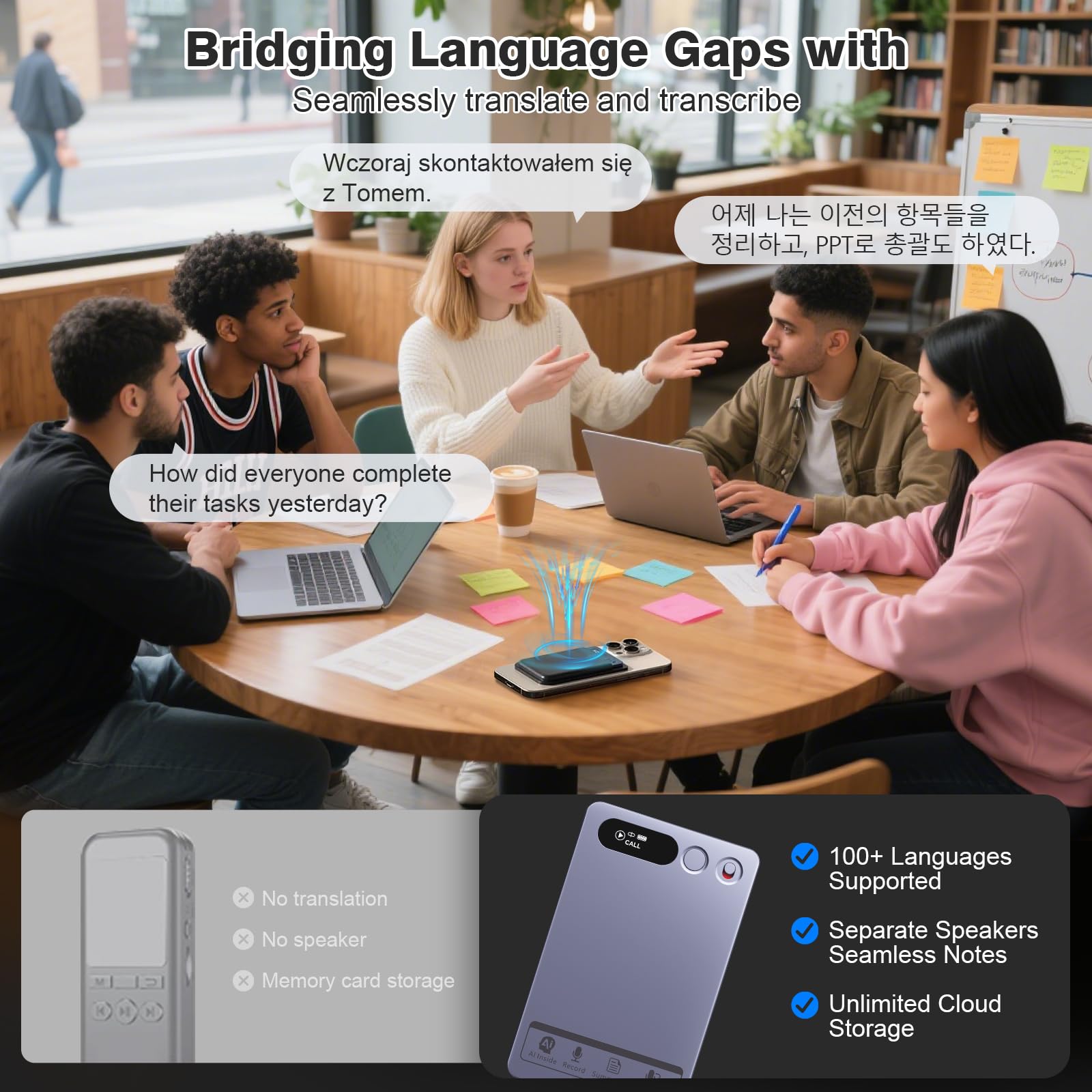 Grabadora de voz AI con funda, memoria de 64 GB, control de aplicación, transcripción y resumen en varios idiomas, gris