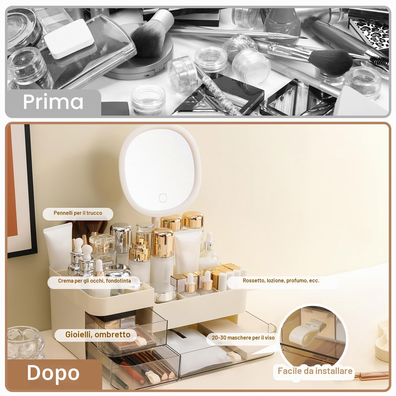 DASITON Organizer Trucchi con Specchio e 3 Cassetti, Porta Trucchi Organizer da Bagno, Porta Pennelli Make Up Organizzatore Trucchi, Organizer Cosmetici per Toeletta, Bagno, Camera da Letto (Crema)